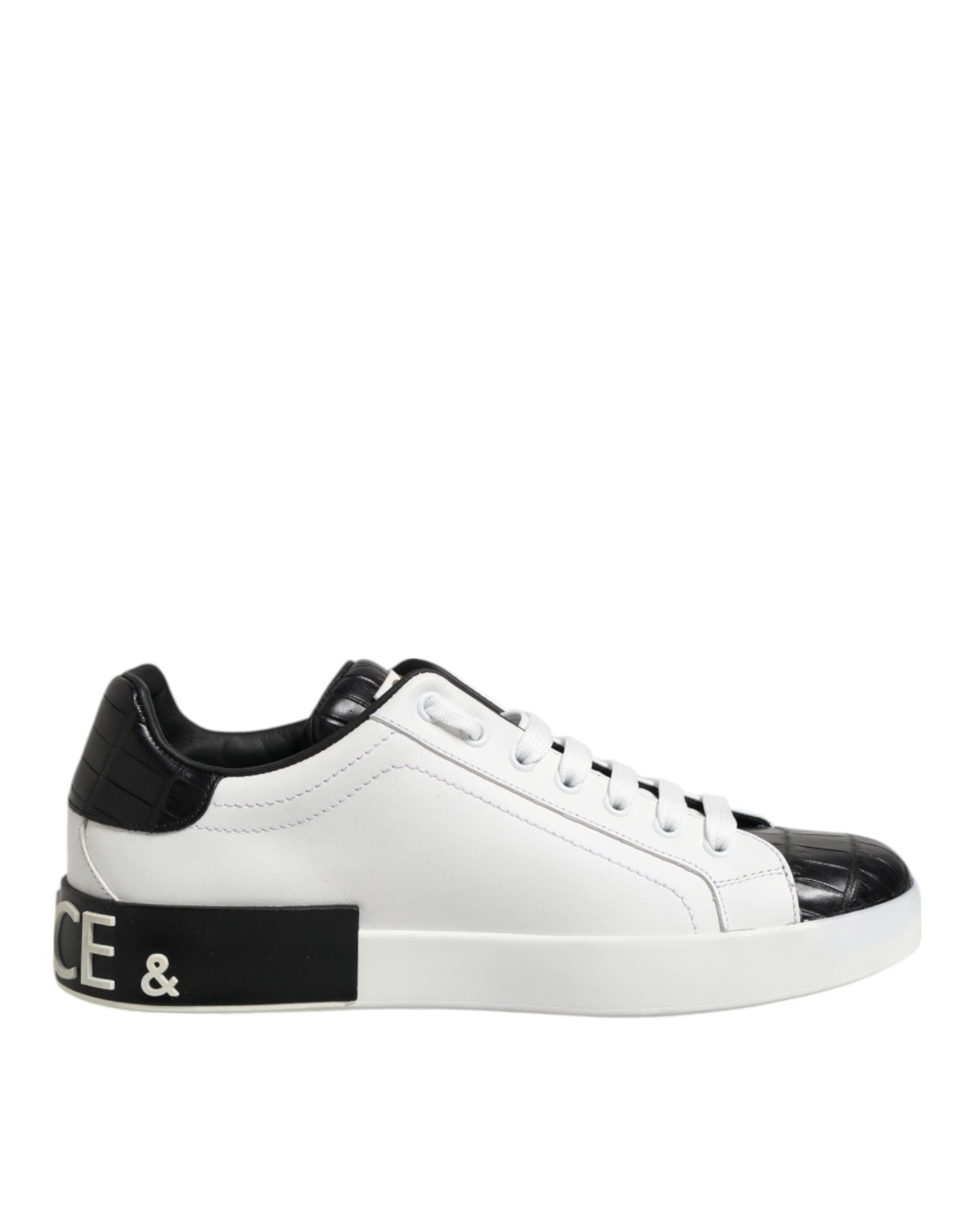 Chaussures sport Dolce & Gabbana Portofino en cuir blanc et noir, baskets élégantes pour homme avec design tendance.