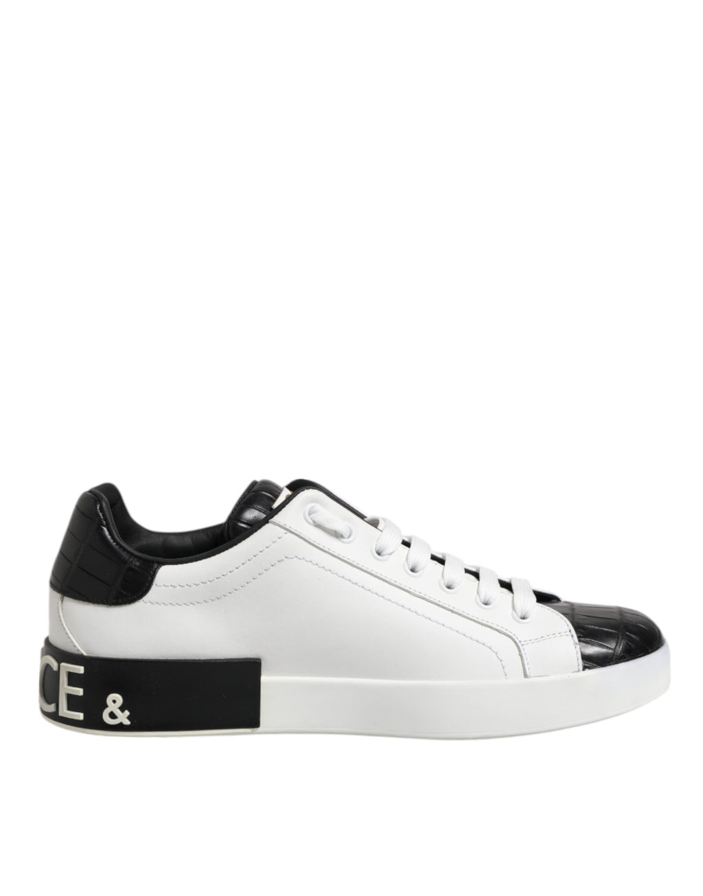 Chaussures sneakers Portofino en cuir blanc et noir de Dolce & Gabbana, avec design élégant et détails modernes.