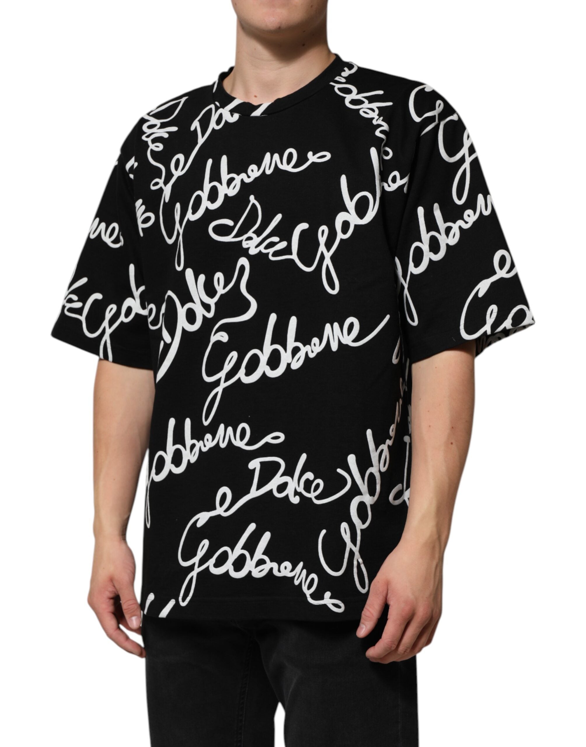 T-shirt noir en coton avec logo Dolce & Gabbana à col rond, motif imprimé logo sur la poitrine.