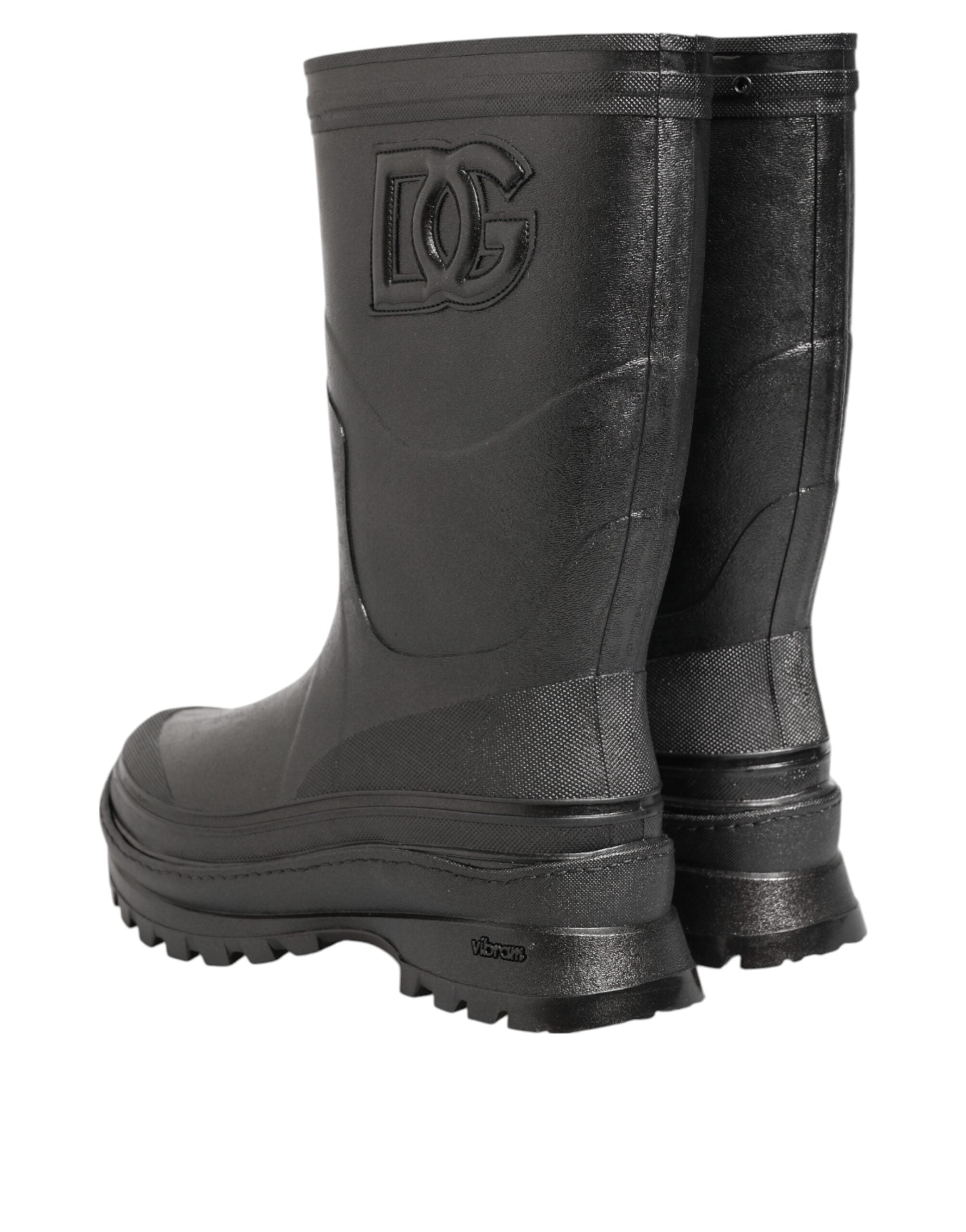 Bottes de pluie noires métalliques à enfiler pour hommes de Dolce & Gabbana, chaussures élégantes et résistantes.