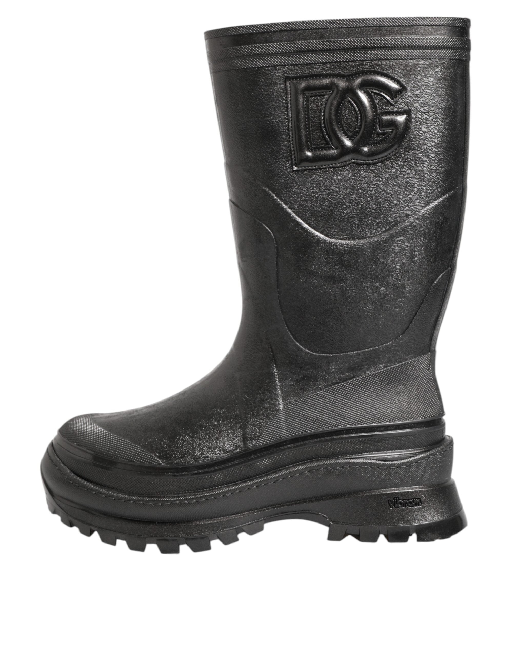Bottes de pluie noires métalliques Dolce & Gabbana pour hommes, en caoutchouc à enfiler, élégantes et imperméables.