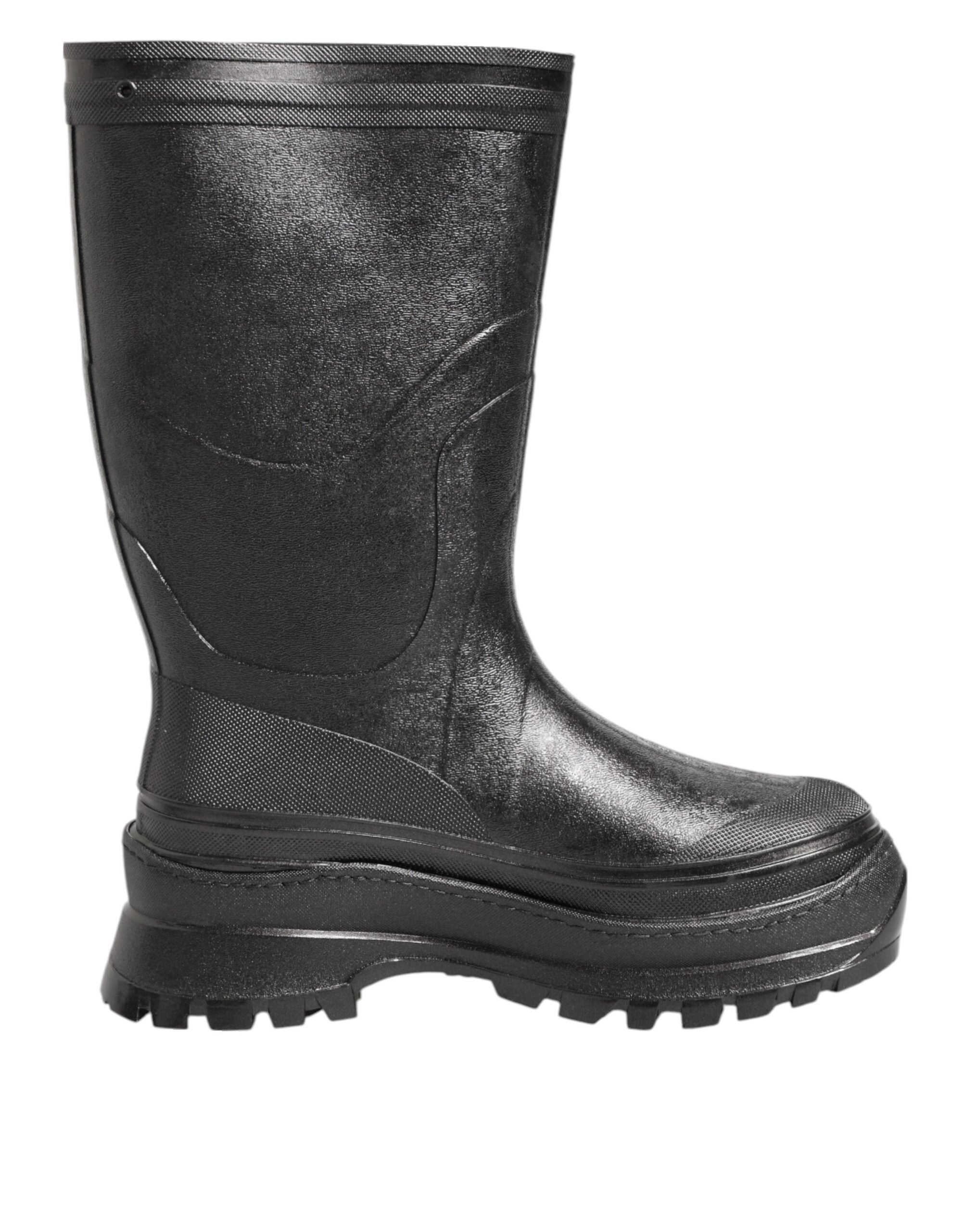 Chaussures homme Dolce & Gabbana bottes de pluie noires métalliques à enfiler, style élégant et résistant à la pluie.