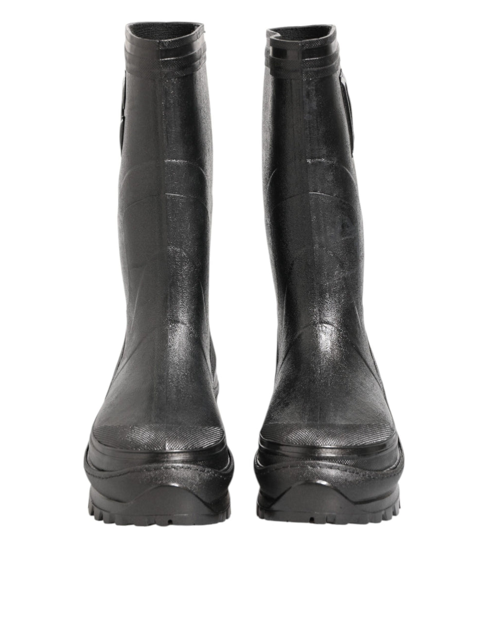 Bottes de pluie noires métalliques Dolce & Gabbana pour hommes, faciles à enfiler, en caoutchouc brillant.