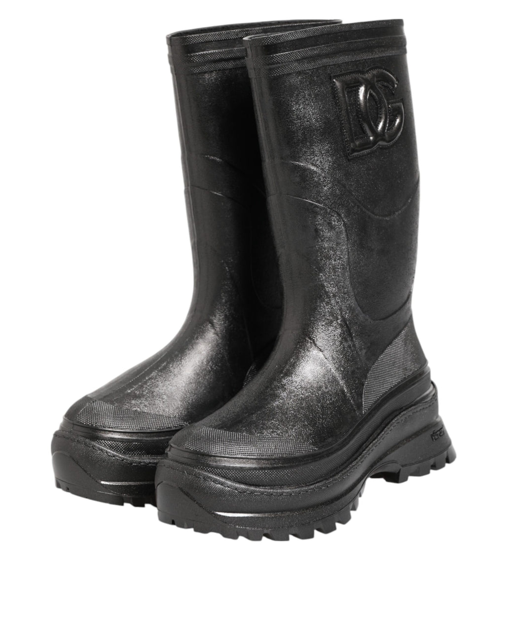 Bottes de pluie noires métalliques Dolce & Gabbana pour hommes, style pull-on, en caoutchouc brillant et durable.