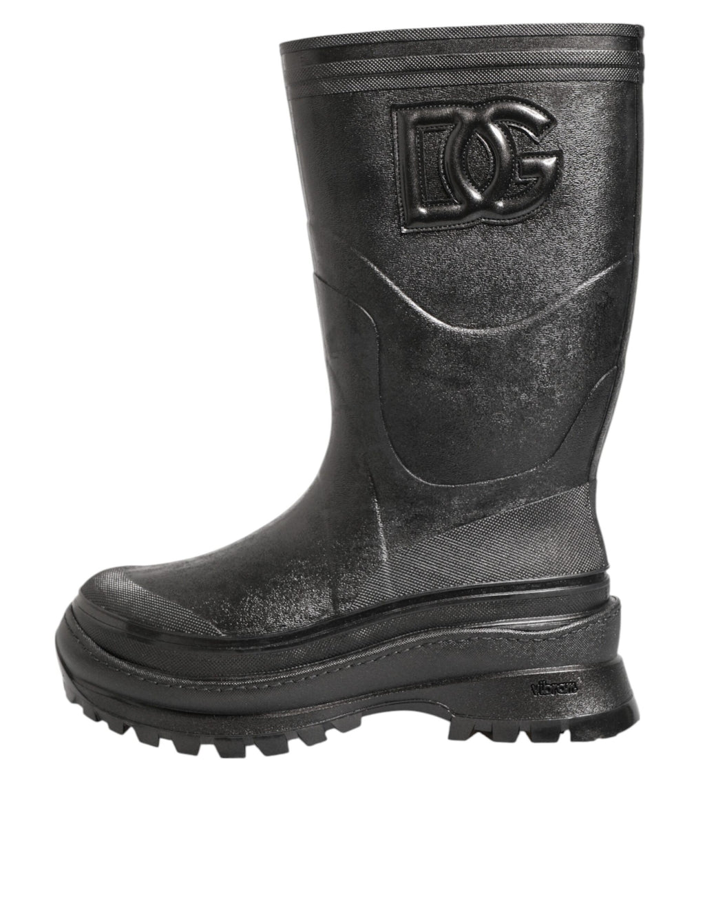 Bottes de pluie noires métalliques Dolce & Gabbana pour hommes, faciles à enfiler, en caoutchouc brillant.