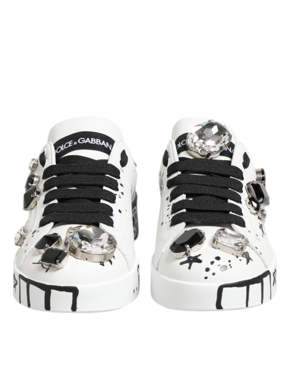 Chaussures sneakers blanches Dolce & Gabbana Portofino en cristal, vue détaillée sur le dessus et les côtés.