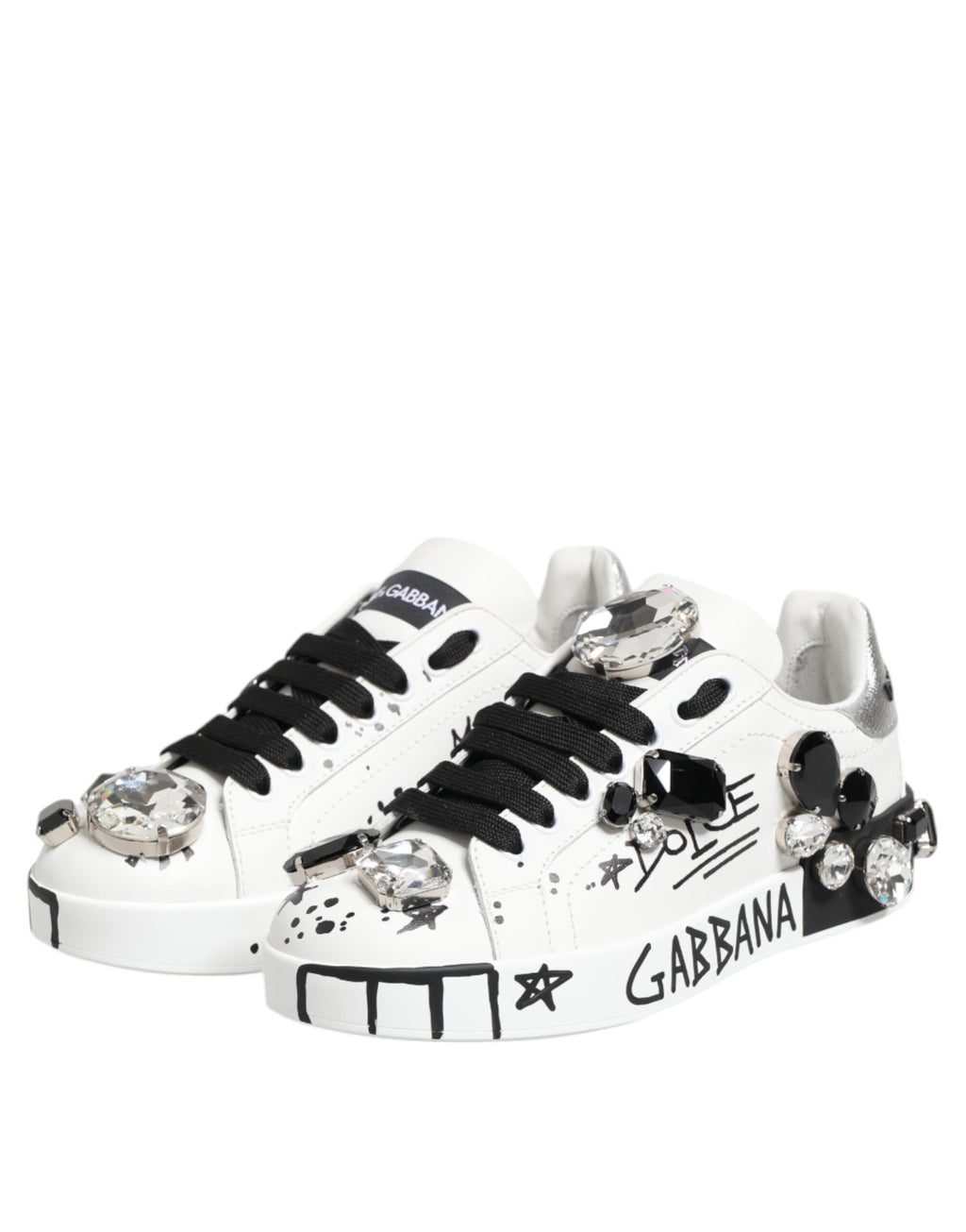 Chaussures Dolce & Gabbana Portofino blanches avec cristaux, baskets élégantes et tendance pour femmes.