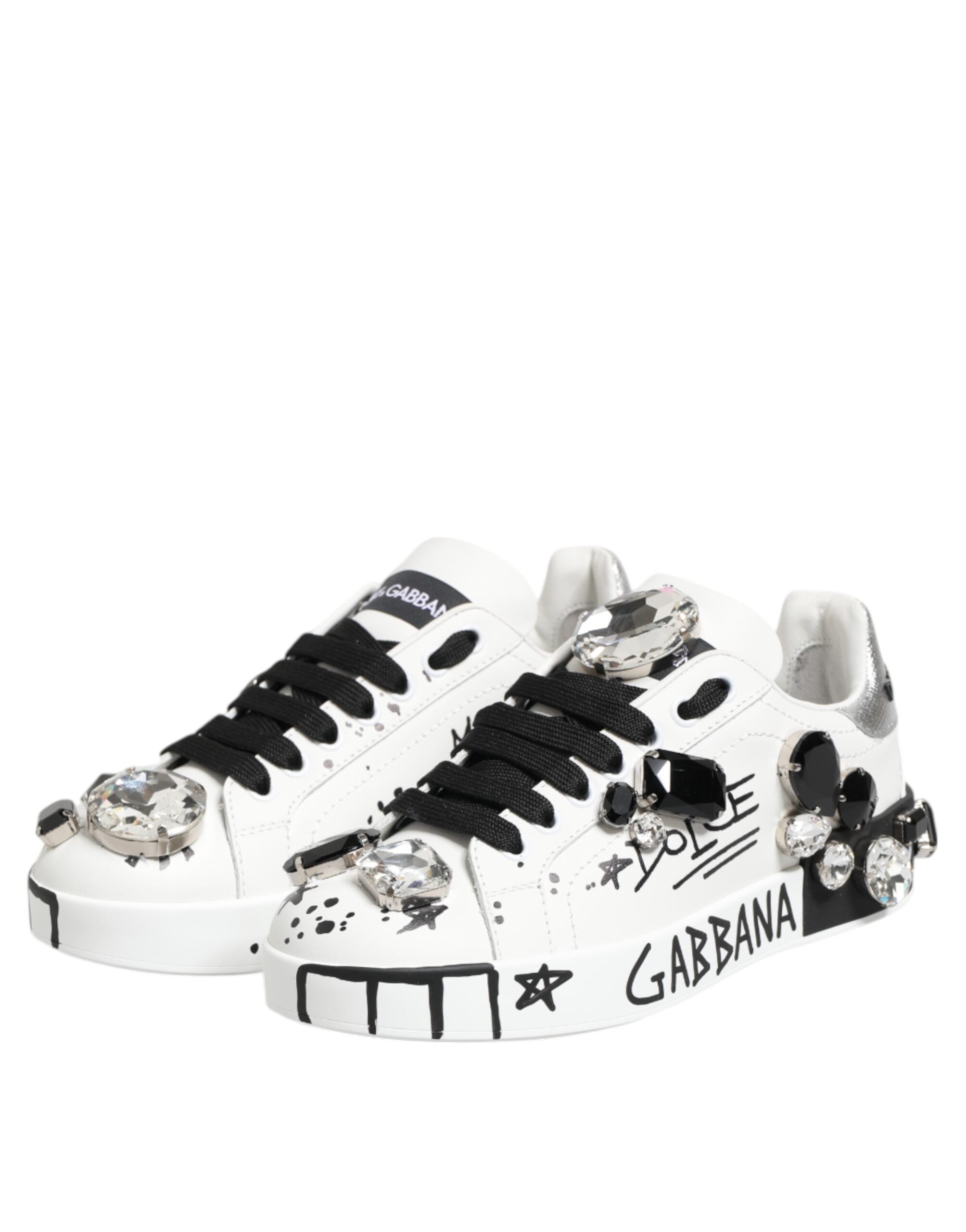 Chaussures Dolce & Gabbana Portofino blanches avec cristaux, baskets élégantes et tendance pour femmes.