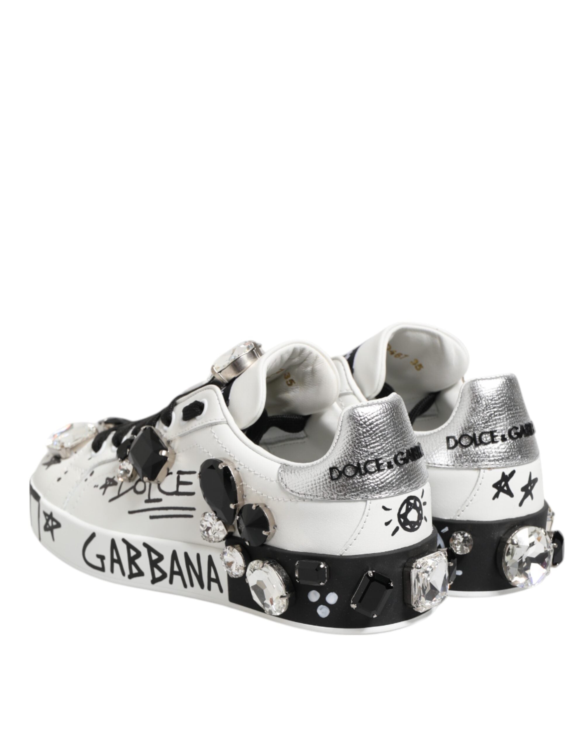 Chaussures Dolce & Gabbana Portofino blanches avec cristaux, sneakers élégants et brillants pour femmes.