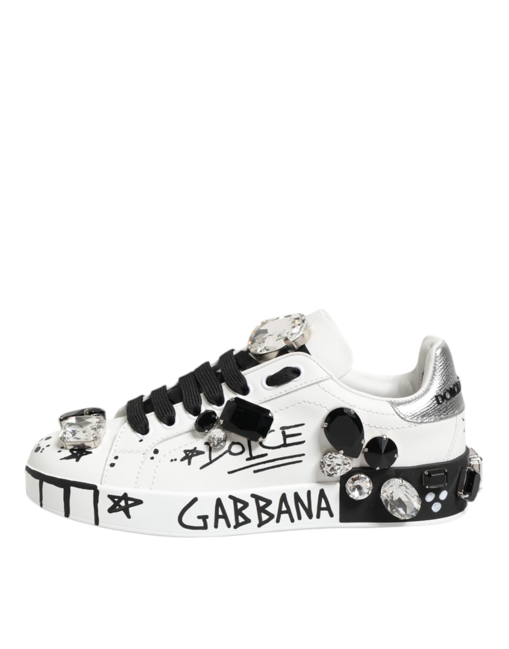 Chaussures sneakers Portofino blanches en cristal de Dolce & Gabbana, élégantes et raffinées, visibles avec détails en cristal.