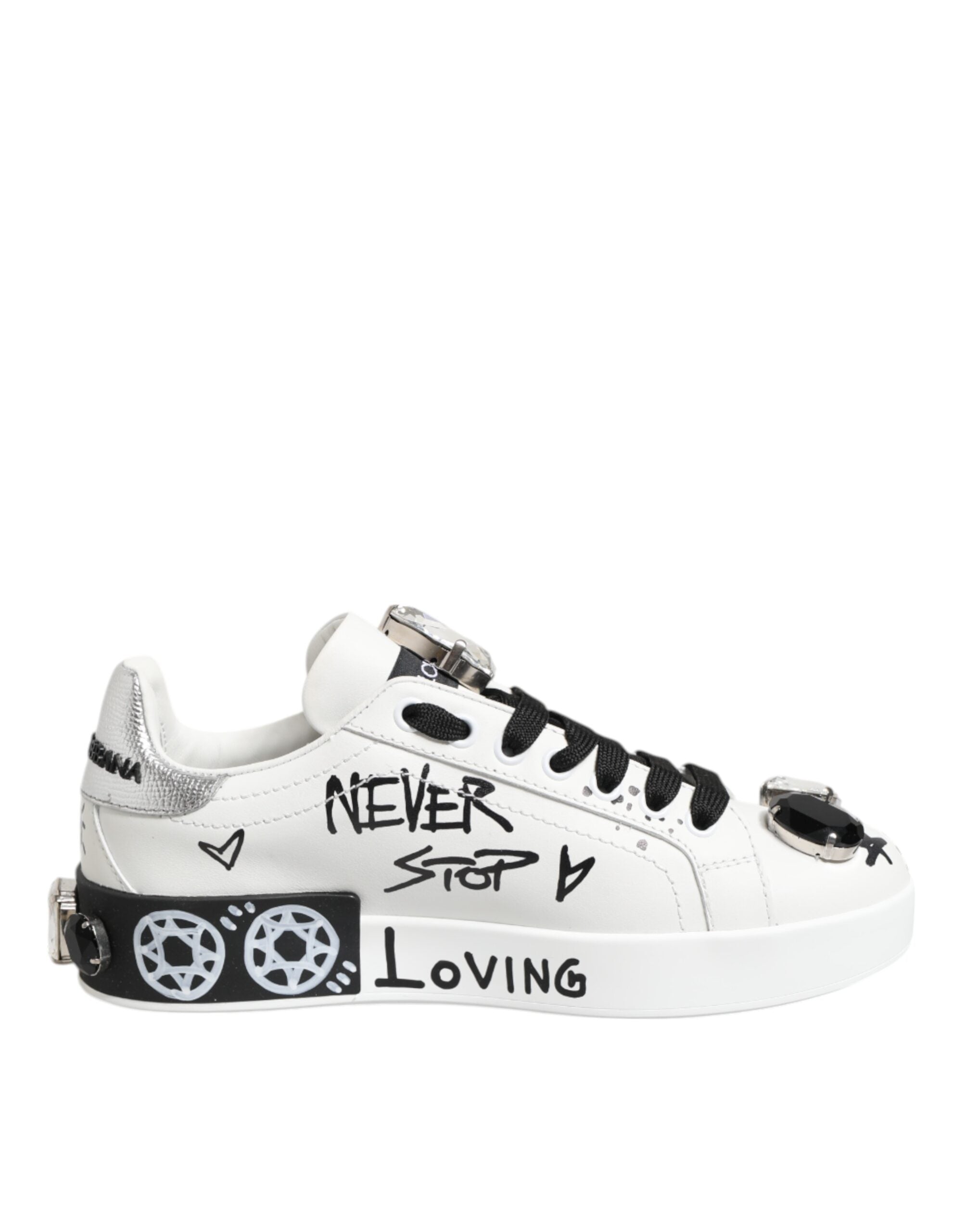 Chaussures sneakers portofino en cristal blanc de Dolce & Gabbana, design élégant avec détails brillants et modernes.