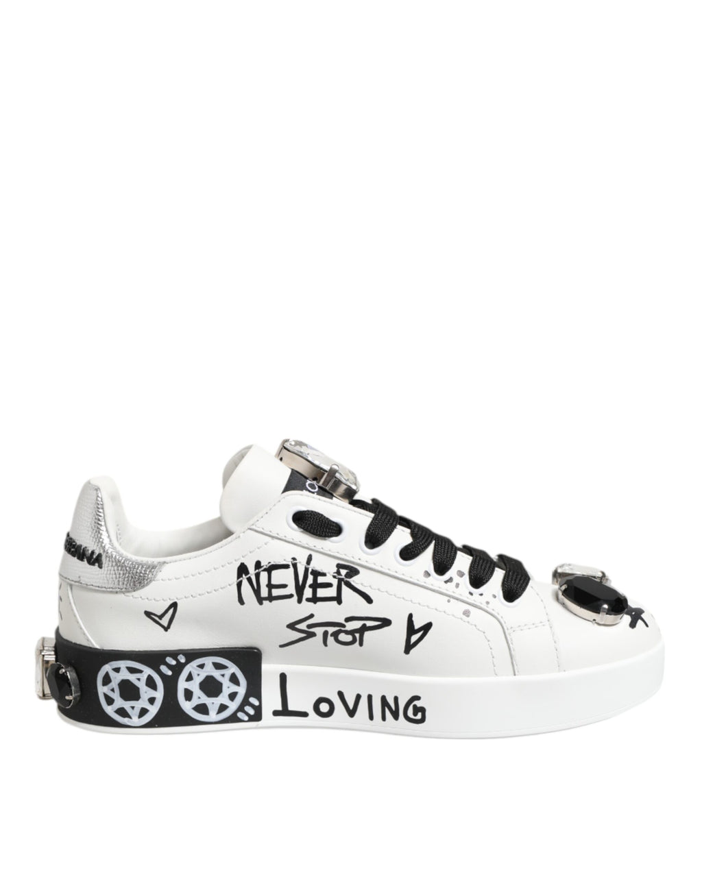 Chaussures sneakers blanches Dolce & Gabbana Portofino avec cristaux, détails élégants et design moderne.