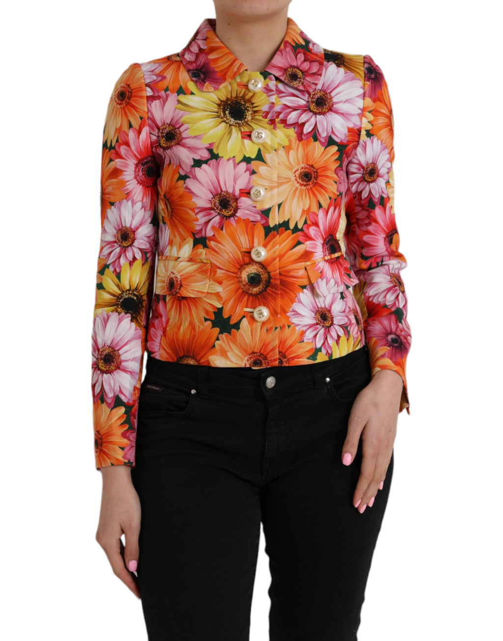 Veste Dolce & Gabbana à fleurs multicolores avec motif de marguerite floral fantasy, mode élégante et colorée.