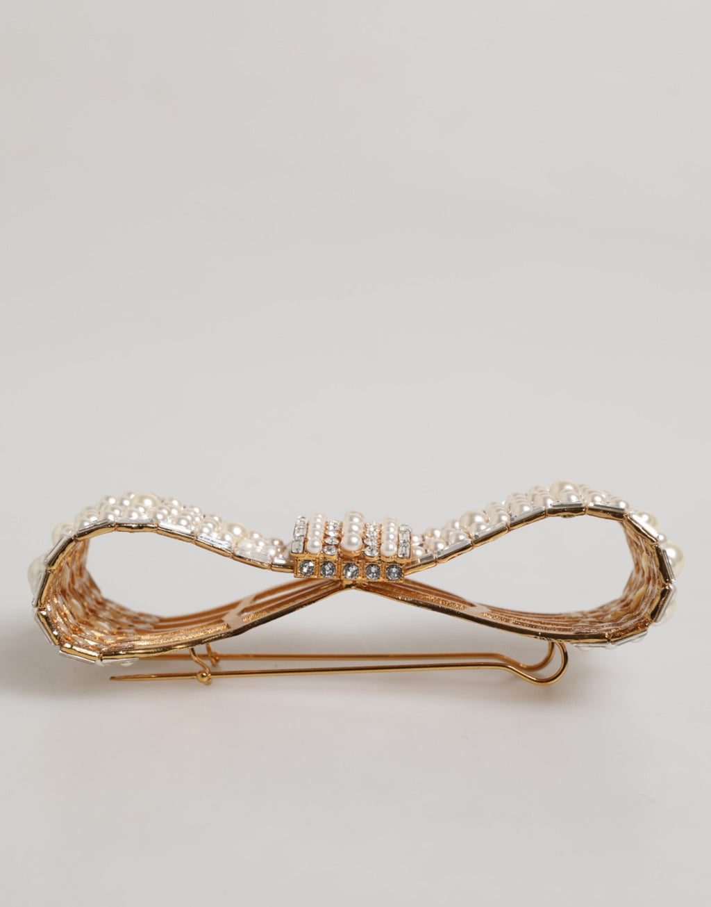 Dolce & Gabbana Gold Tone Brass Bow Crystal Faux Pearl Embellished Brooch