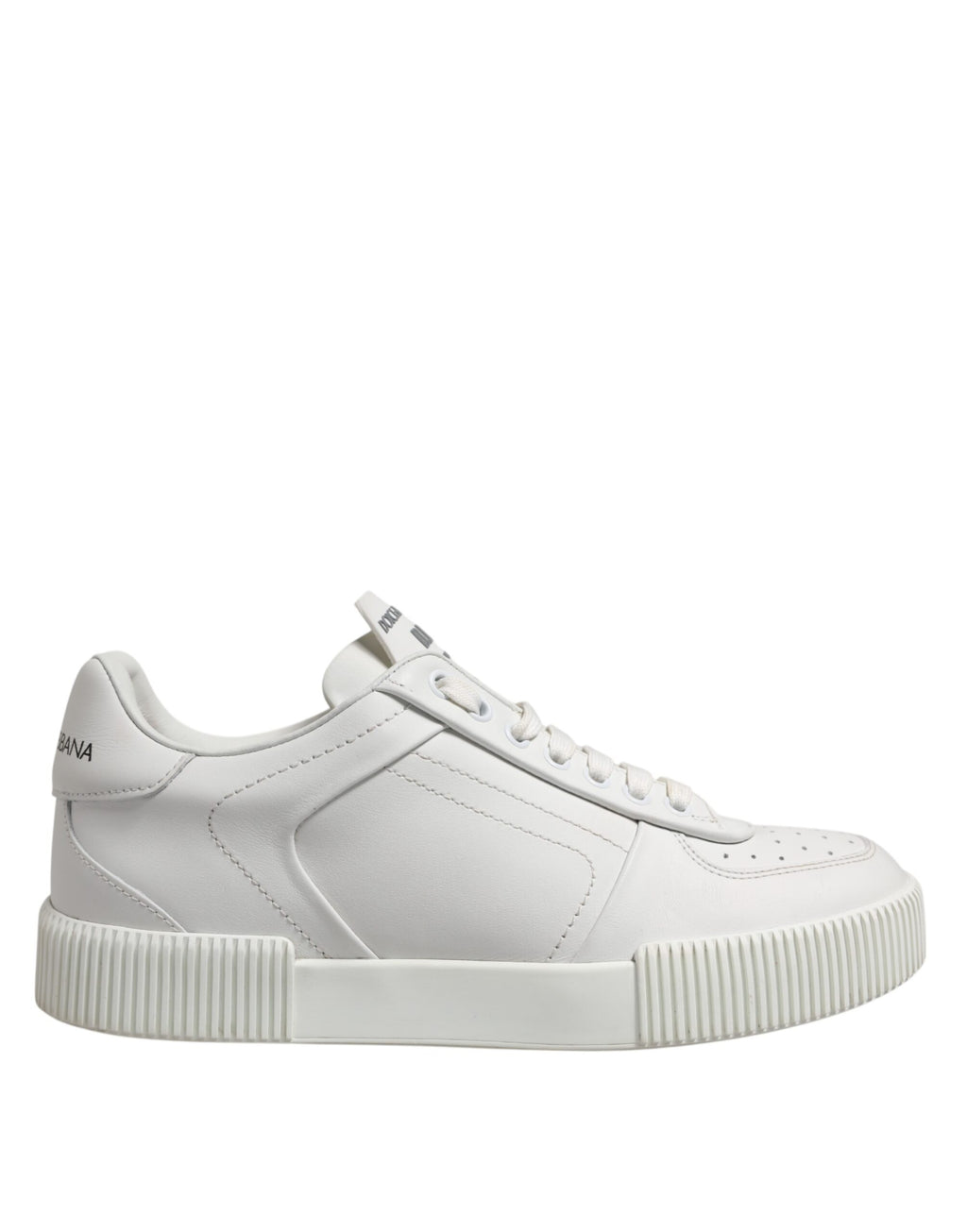Chaussures sneakers basses en cuir blanc Dolce & Gabbana Miami, vue de face avec détails de la semelle et design élégant.
