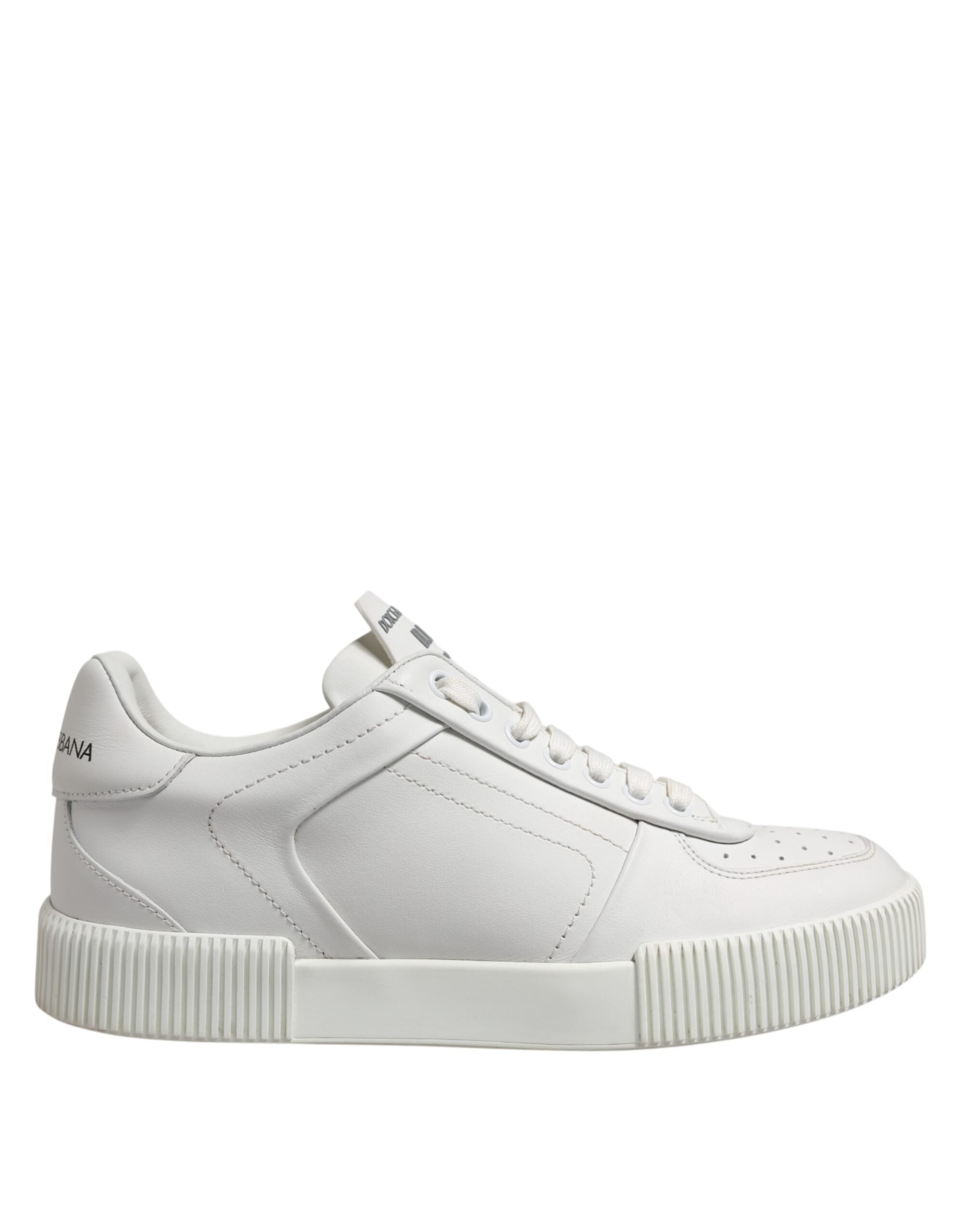 Chaussures sneakers basses en cuir blanc Dolce & Gabbana Miami, vue de face avec détails de la semelle et design élégant.