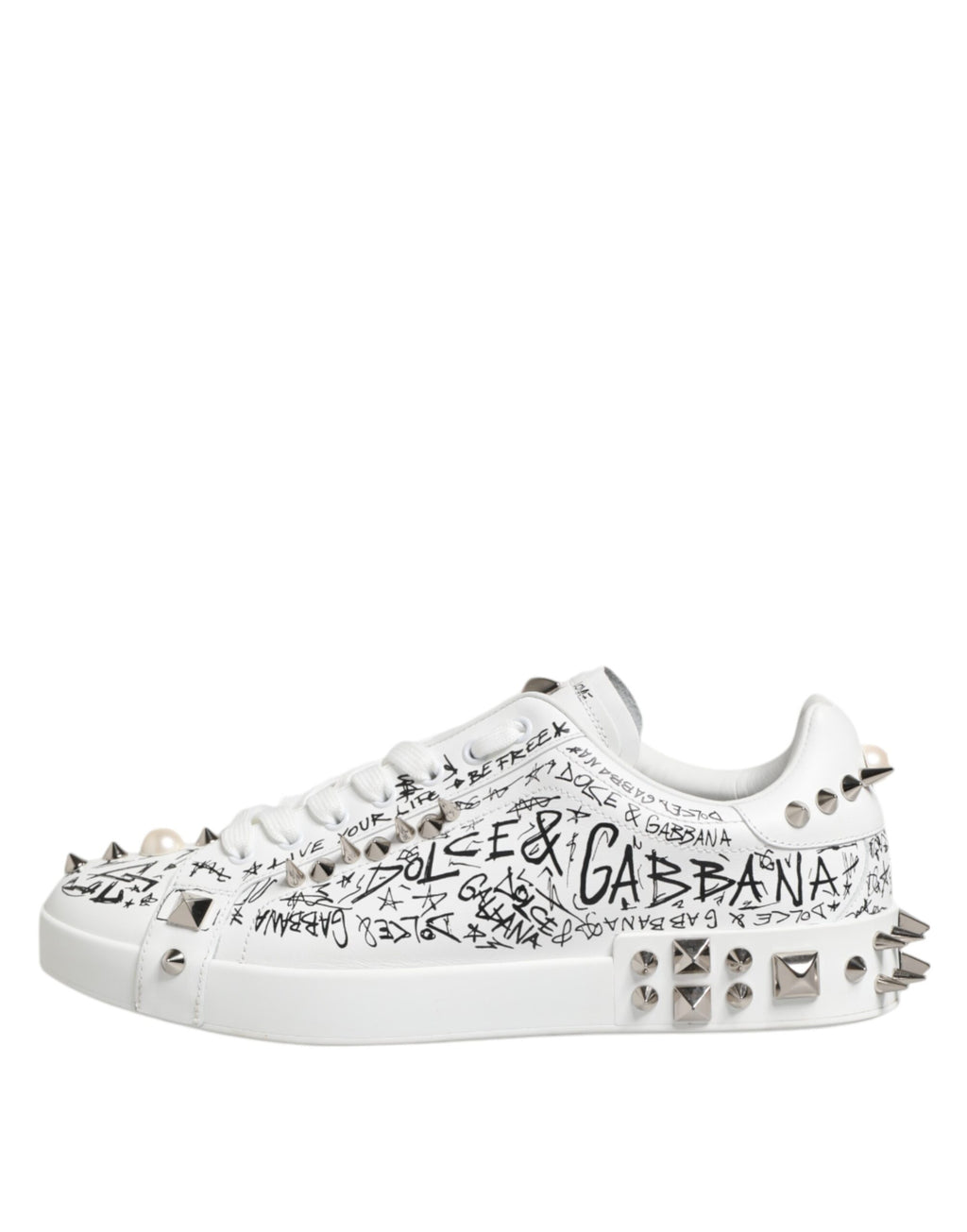 Chaussures de sport pour hommes Dolce & Gabbana Portofino blanches à clous, baskets élégantes en cuir avec détails sophistiqués