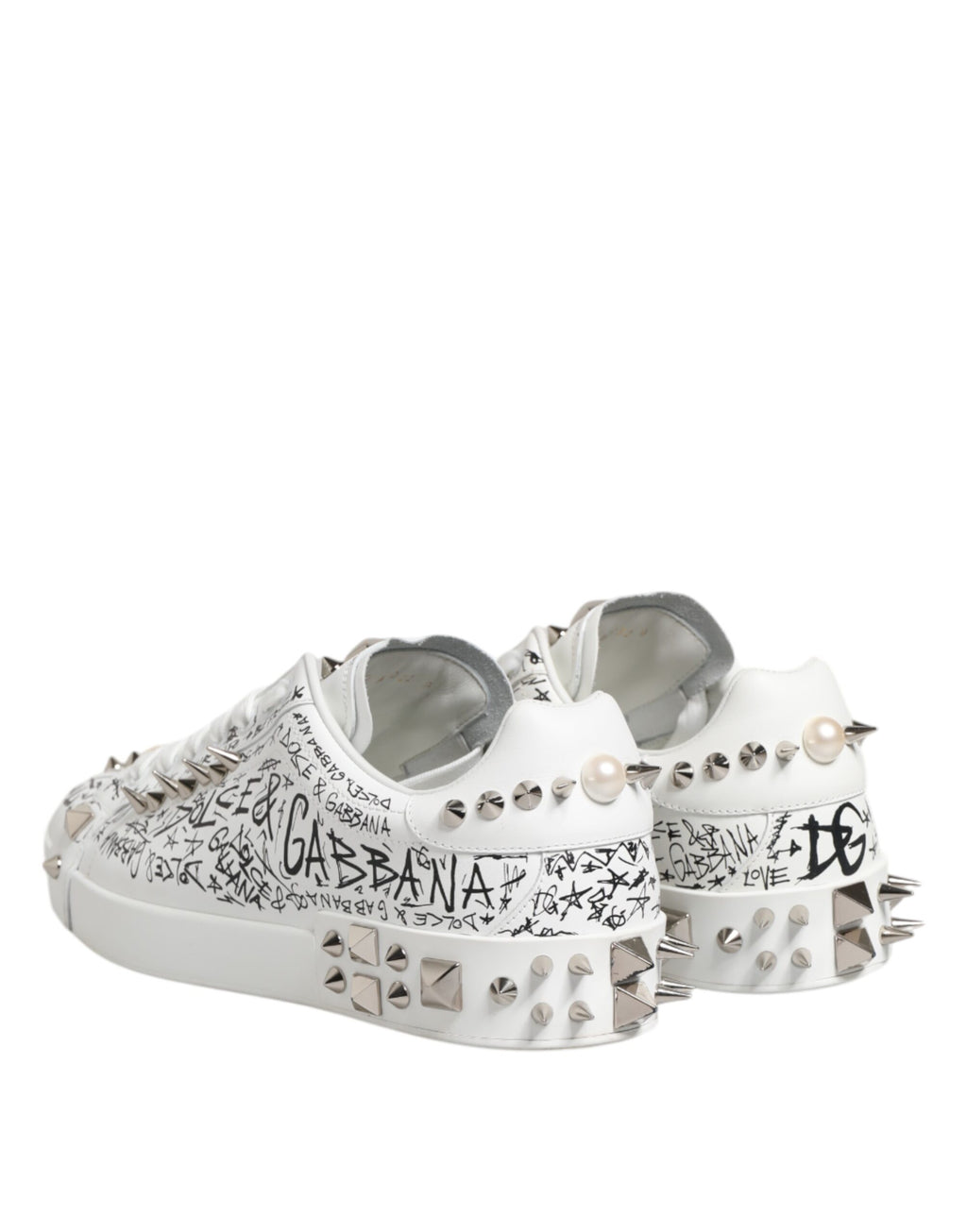 Sneakers pour hommes Dolce & Gabbana Portofino blancs à clous, chaussures élégantes avec détails en relief.