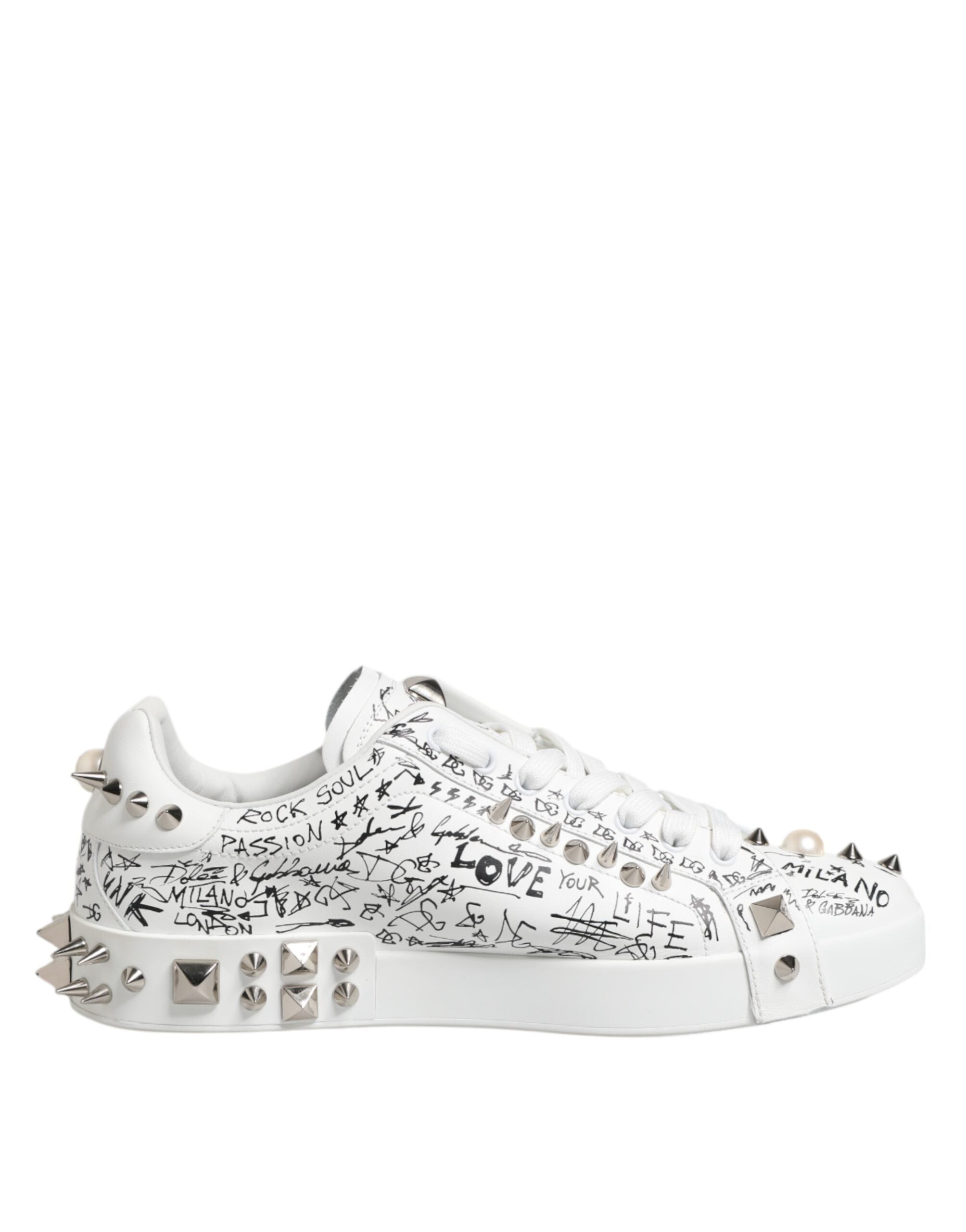 Chaussures pour hommes Dolce & Gabbana Portofino blanches, sneakers en cuir avec studs, style élégant et moderne