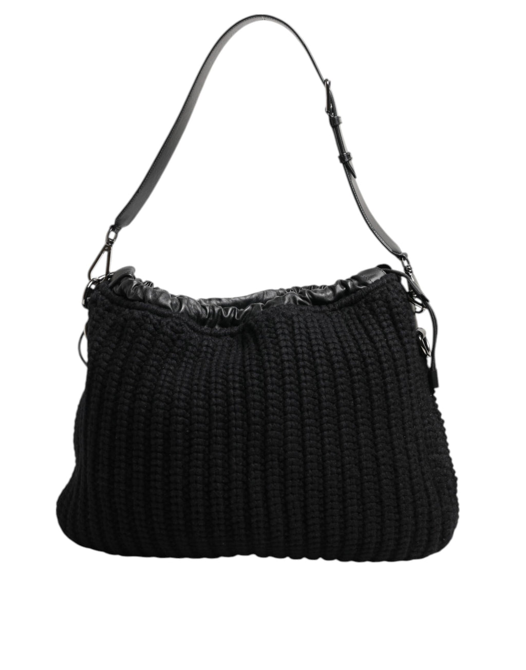 Sac à main femme Dolce & Gabbana en cachemire noir, avec détails en cuir tissé, porté sur l'épaule.