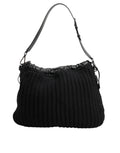 Sac à main femme Dolce & Gabbana en cachemire noir, avec détails en cuir tissé, porté sur l'épaule.