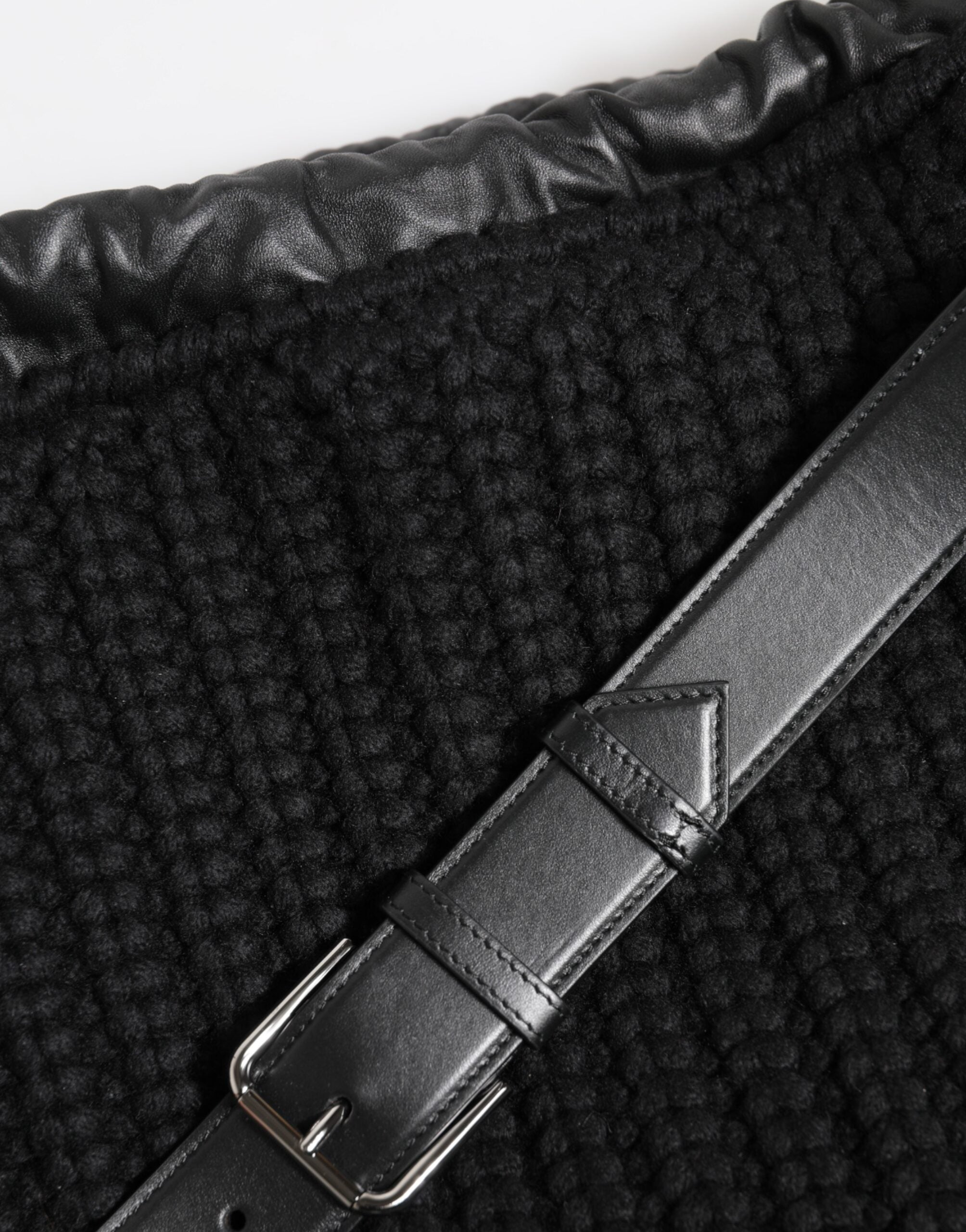 Sac à main femme Dolce & Gabbana en cachemire noir et cuir tricoté, épaule élégante et sophistiquée.