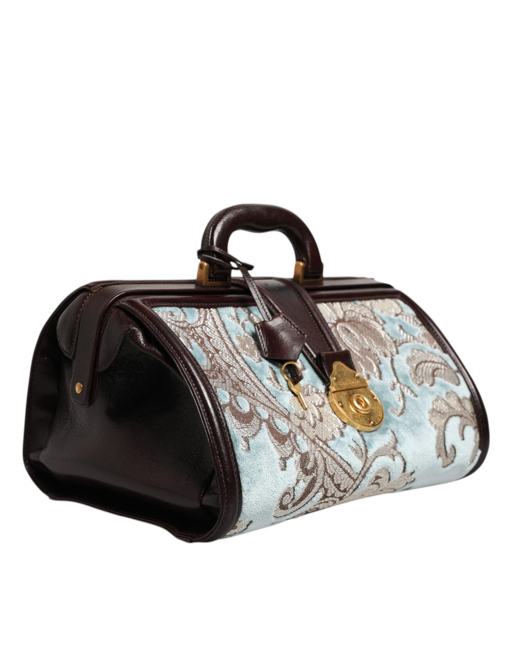 Sac à main Dolce & Gabbana en cuir bleu et marron avec jacquard floral pour voyager, élégant et spacieux.
