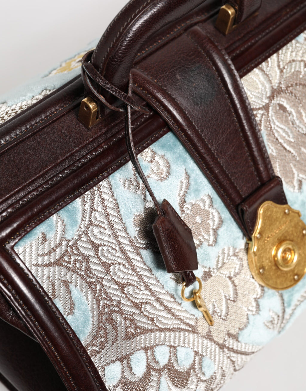 Sac à main de voyage en cuir floral jacquard bleu et marron Dolce & Gabbana, élégant et spacieux.