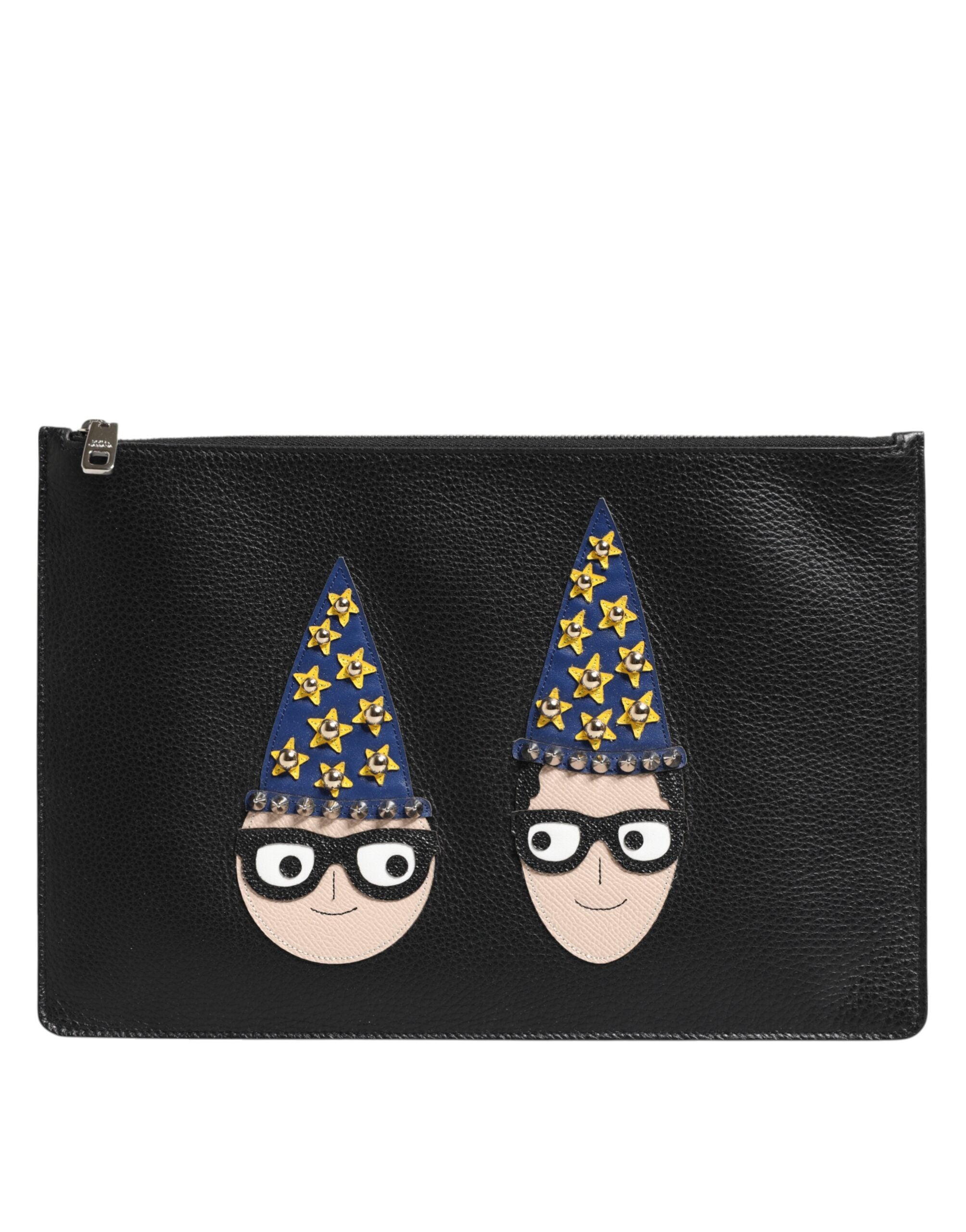 Pochette homme Dolce & Gabbana en cuir noir avec embellissements, sac à main compact et élégant.