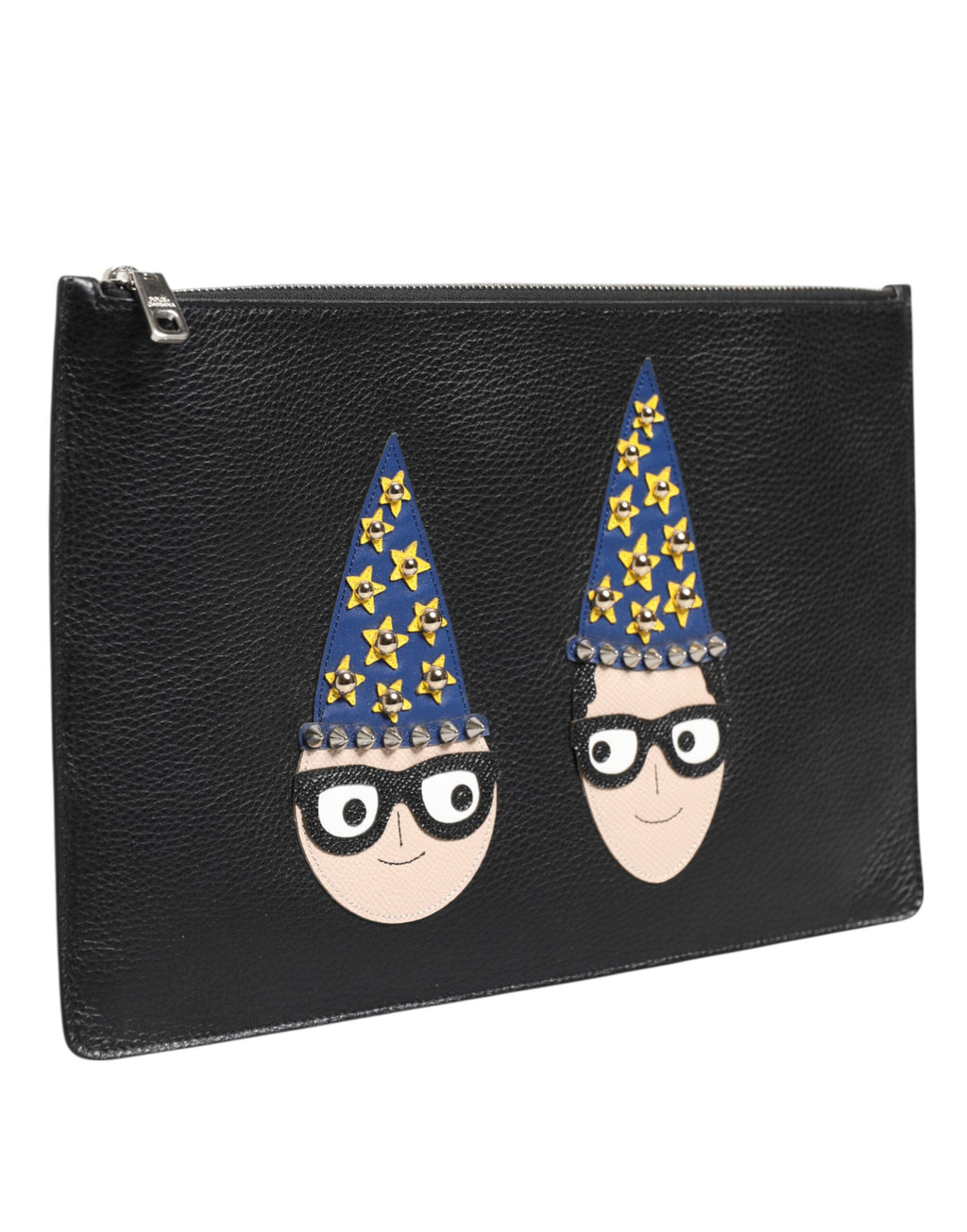 Pochette homme Dolce & Gabbana en cuir noir avec ornements, pochette élégante et sophistiquée pour accessoires.