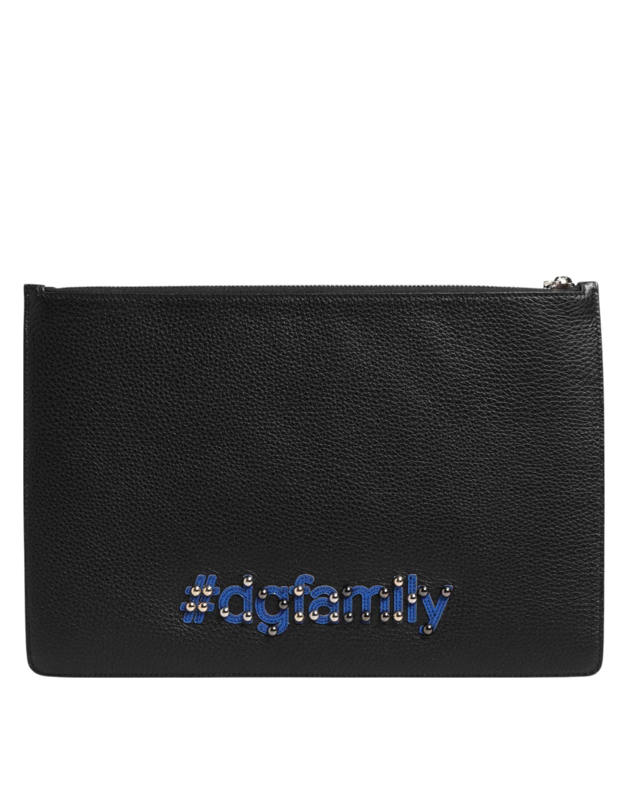 Pochette homme en cuir noir Dolce & Gabbana DGFAMILY avec embellissements, pochette élégante et sophistiquée pour homme.
