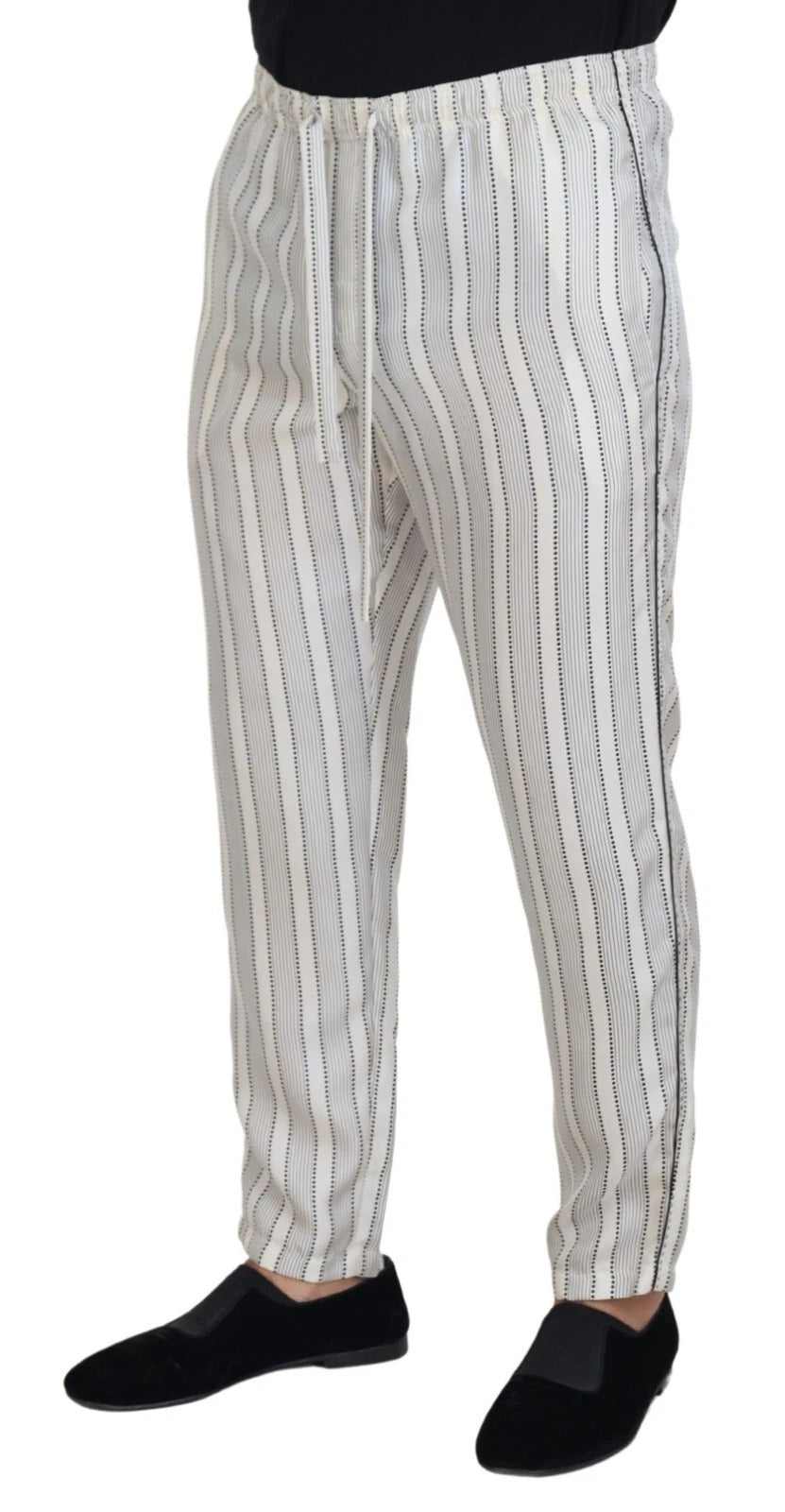 Pantalon de détente en soie blanche à rayures de Dolce & Gabbana, élégant et confortable pour un style décontracté.