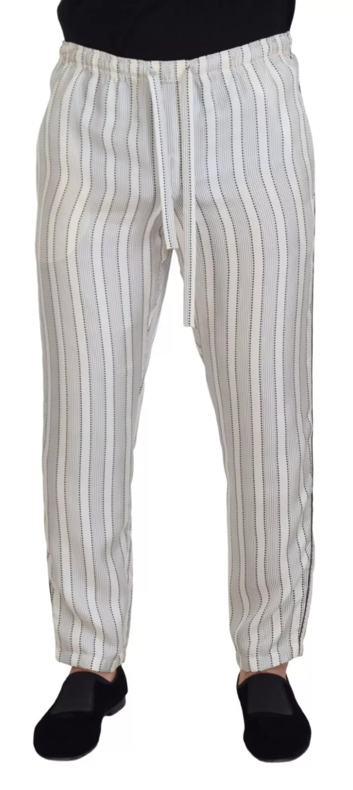 Pantalon de détente en soie blanc à rayures Dolce & Gabbana, style élégant et confortable, vue de face.