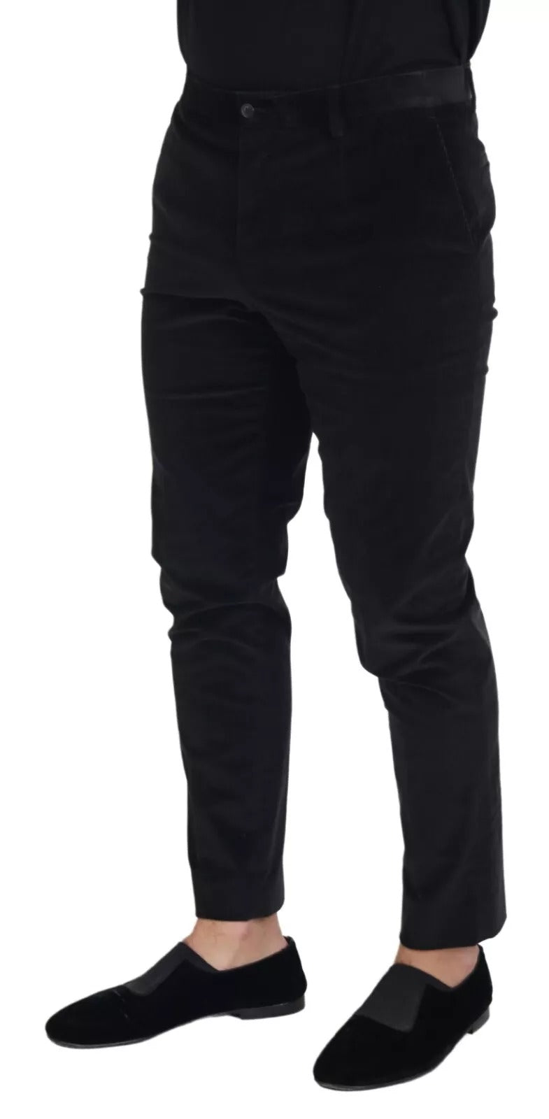 Pantalons chino slim en coton stretch noir de Dolce & Gabbana, vue en gros plan sur le tissu et la coupe élégante.