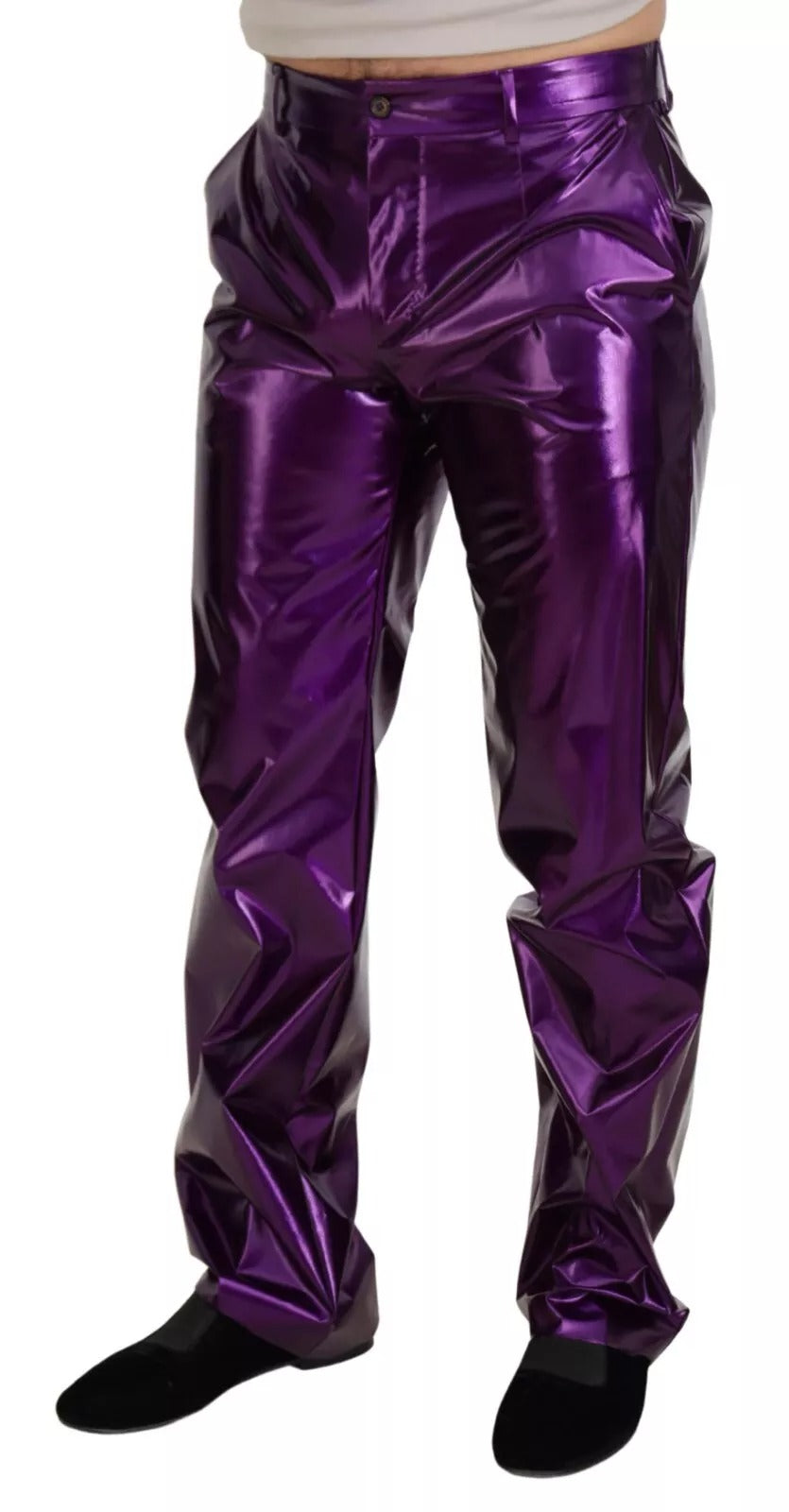 Pantalon droit en nylon métallisé violet de Dolce & Gabbana, pantalon élégant et moderne.