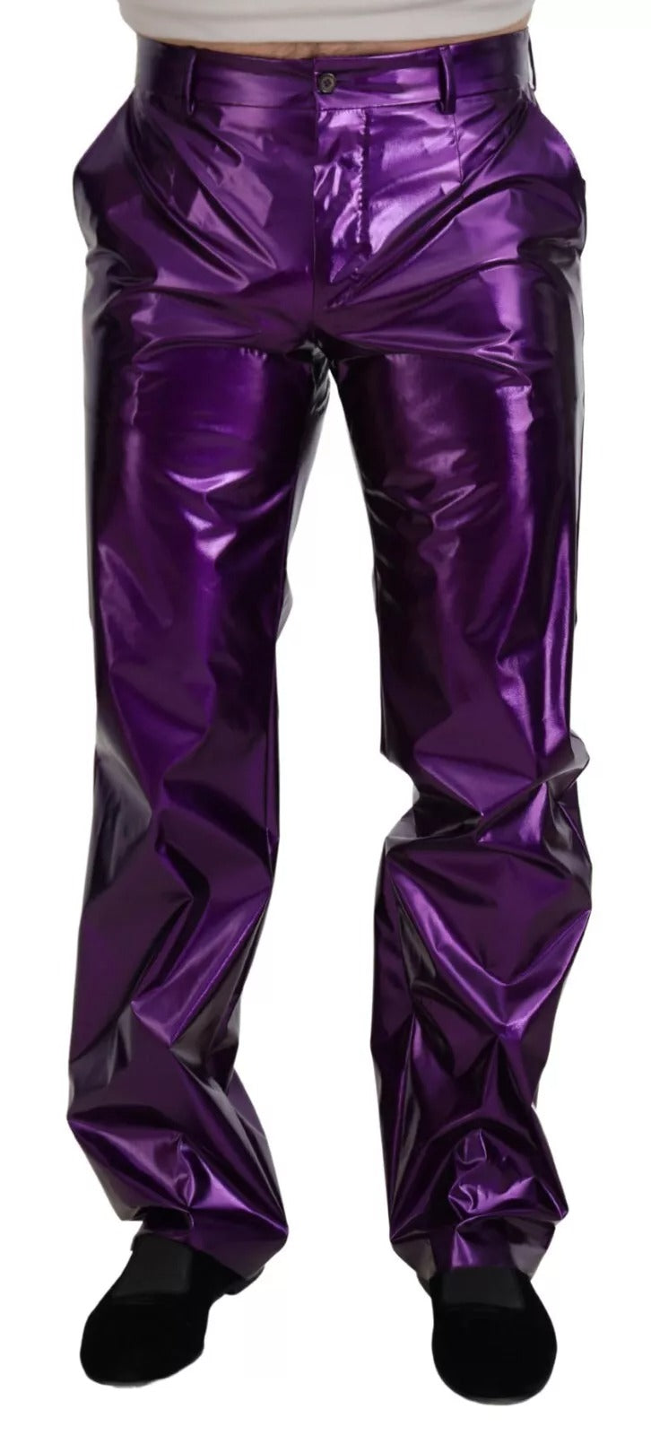 Pantalon droit en nylon métallisé violet de Dolce & Gabbana, style élégant et moderne, visible en gros plan.