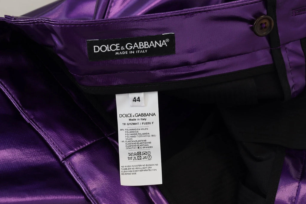 Pantalon droit en nylon métallisé violet de Dolce & Gabbana, pantalon élégant et moderne pour femme.