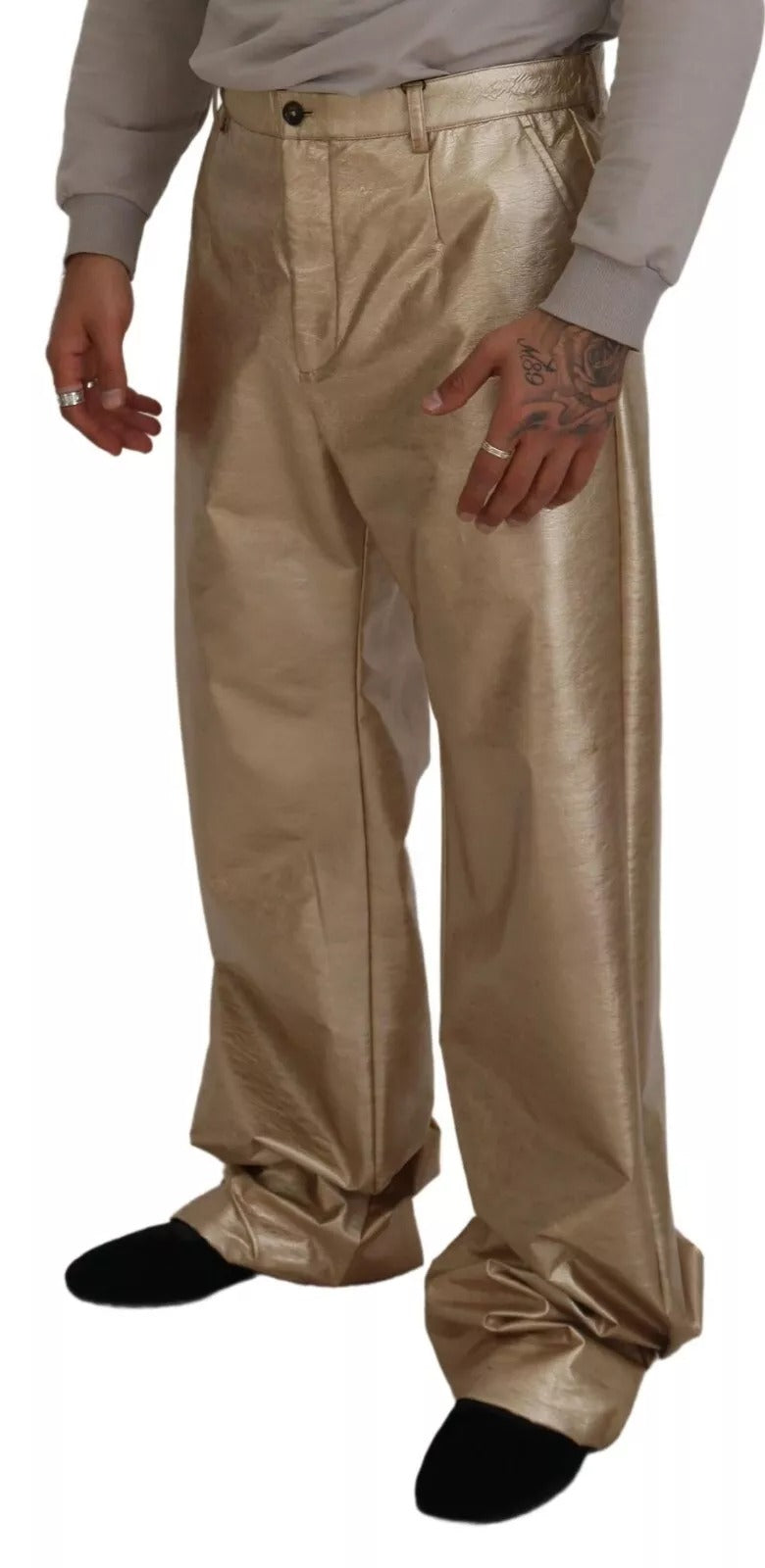 Pantalon droit en polyester doré métallique de Dolce & Gabbana, style élégant et brillant, visible en image.