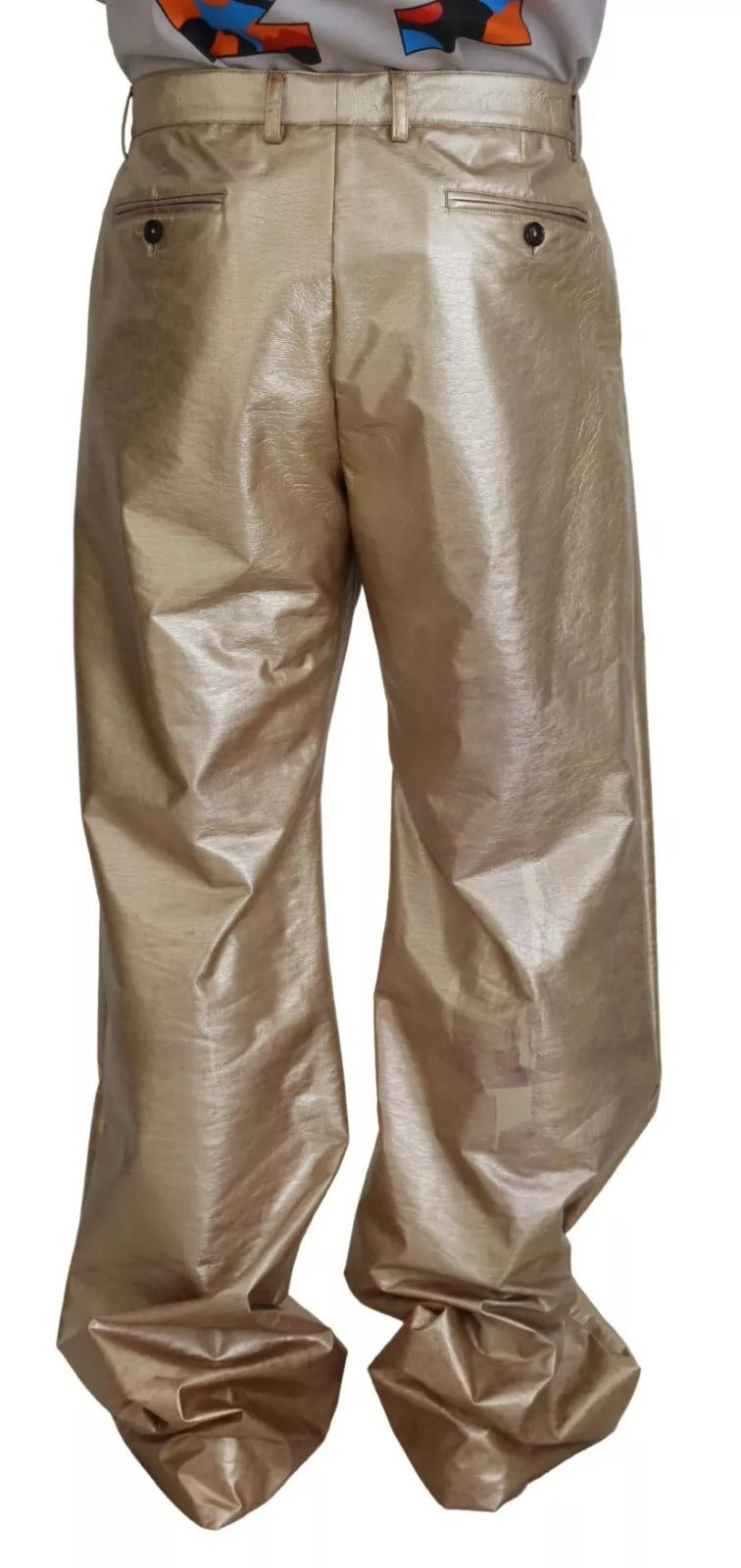 Pantalon droit en polyester doré métallique de Dolce & Gabbana, pantalon élégant avec finition brillante et coupe droite.