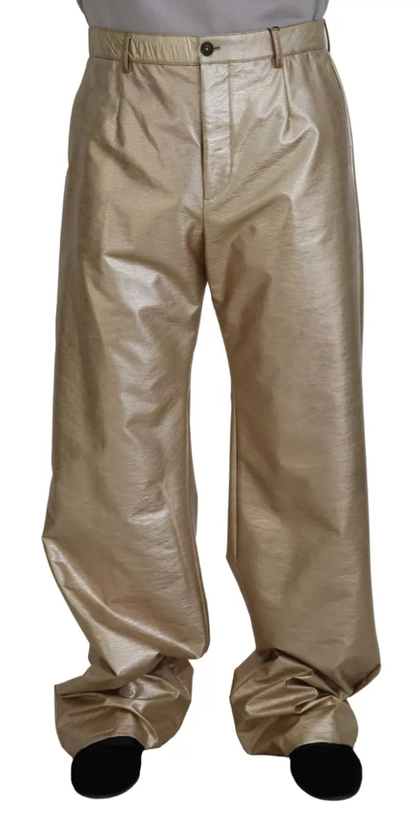 Pantalon droit en polyester doré métallique de Dolce & Gabbana, style élégant et brillant, visible en gros plan.
