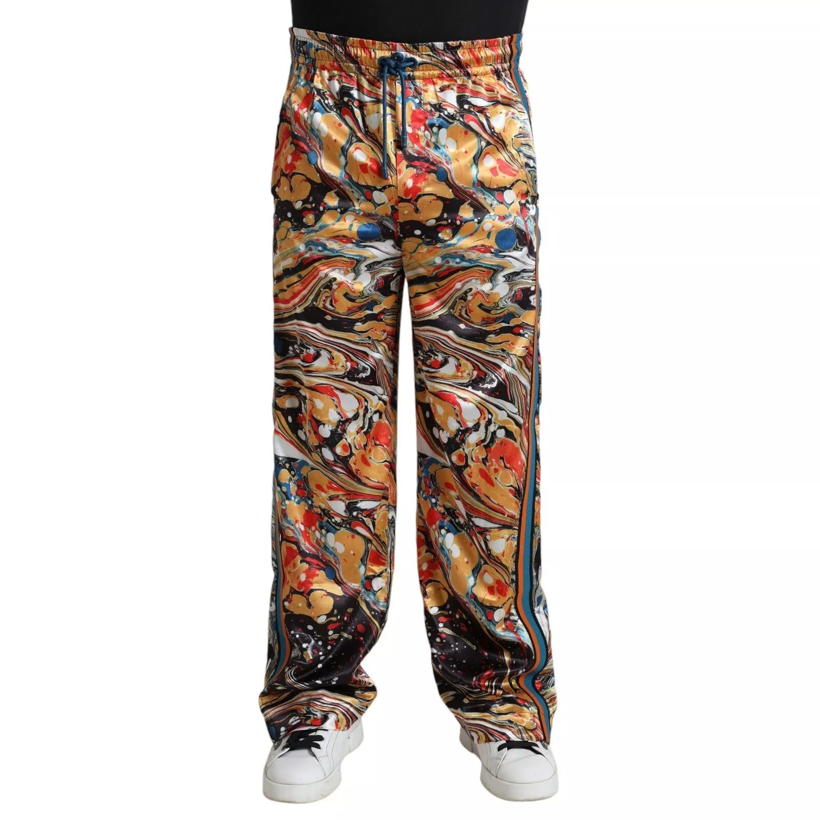 Pantalon en satin à imprimé marbre multicolore de Dolce & Gabbana, style élégant et tendance.
