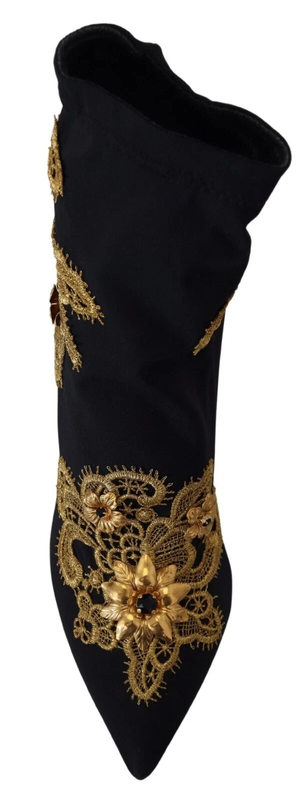 Botines Dolce & Gabbana noires avec broderies dorées et cristaux, élégantes chaussures à talons.