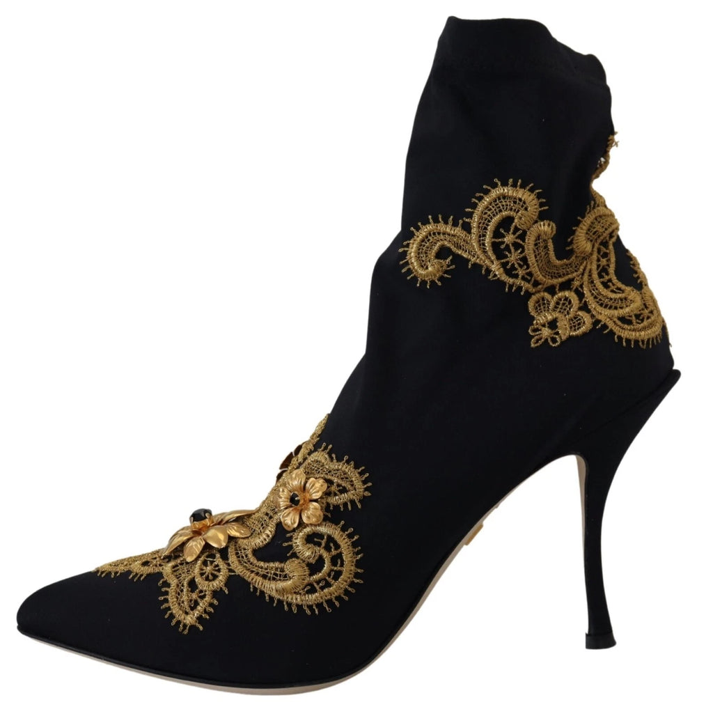 Bottes noires Dolce & Gabbana avec broderie dorée et cristaux, élégantes chaussures de mode pour femmes.