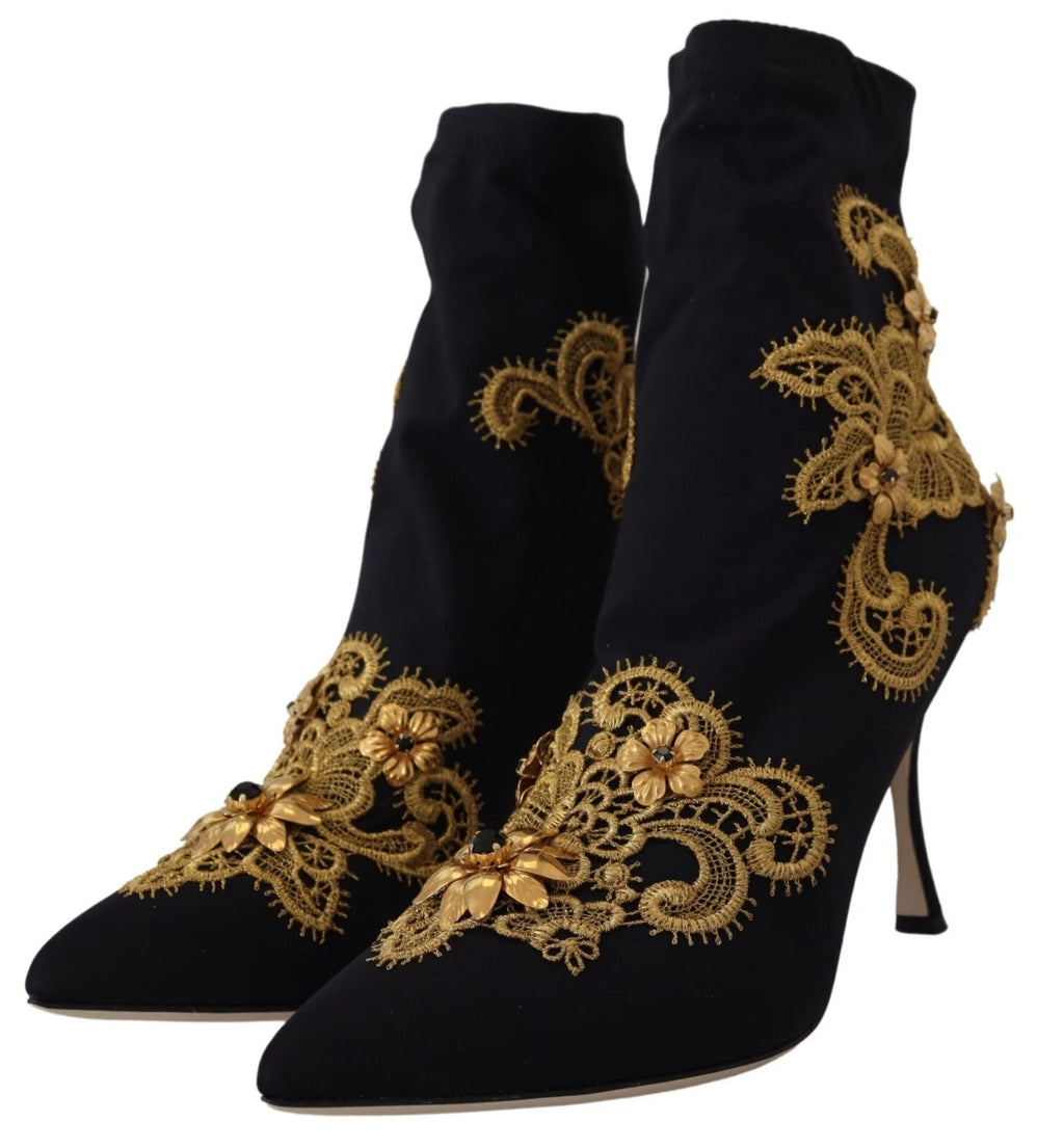 Bottes noires Dolce & Gabbana avec broderie dorée et cristaux, élégantes chaussures en style sophistiqué.