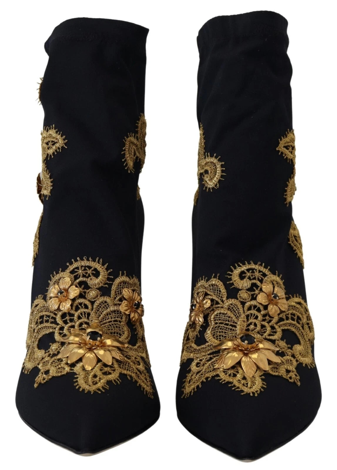 Bottes noires Dolce & Gabbana avec broderies dorées, cristaux et détails élégants, en cuir brillant.