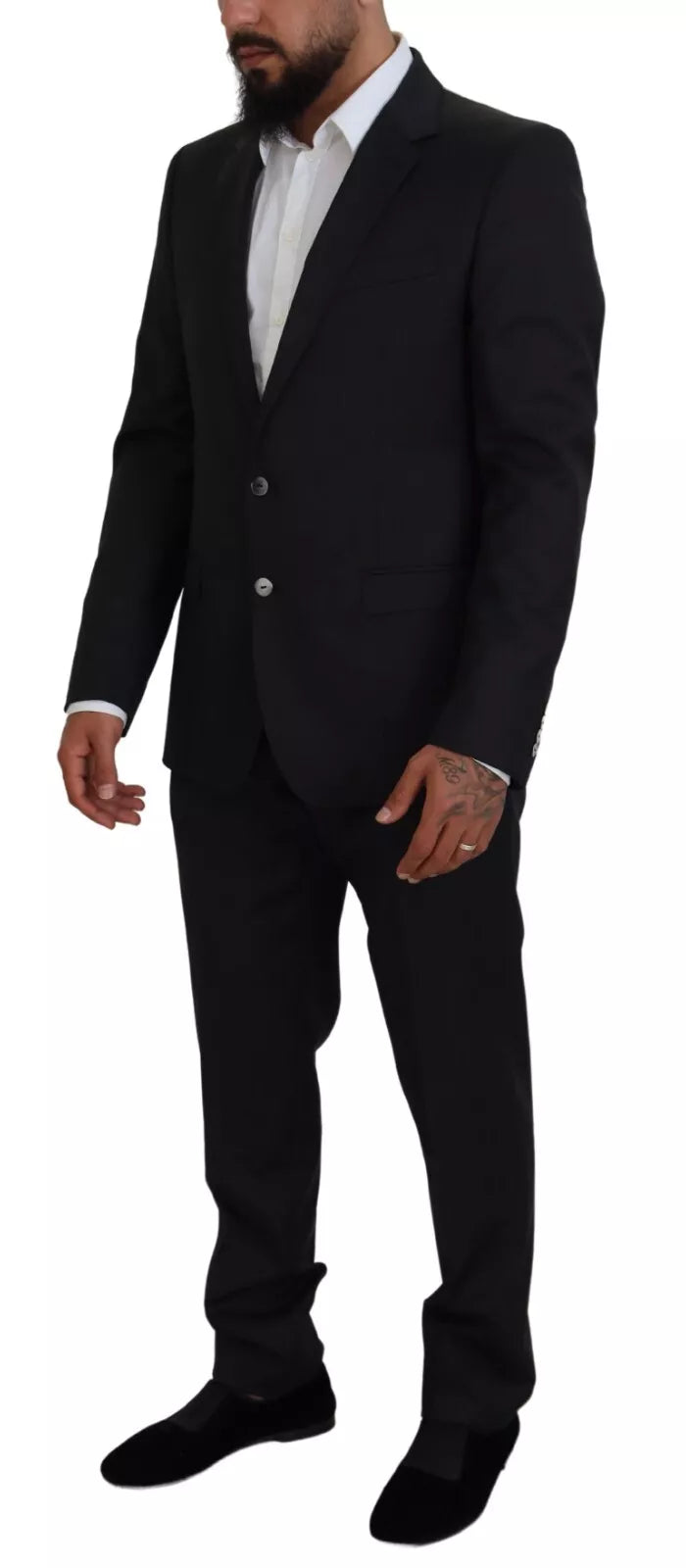 Costume deux pièces en laine gris melangé de Dolce & Gabbana, élégant et sophistiqué, avec veste et pantalon.