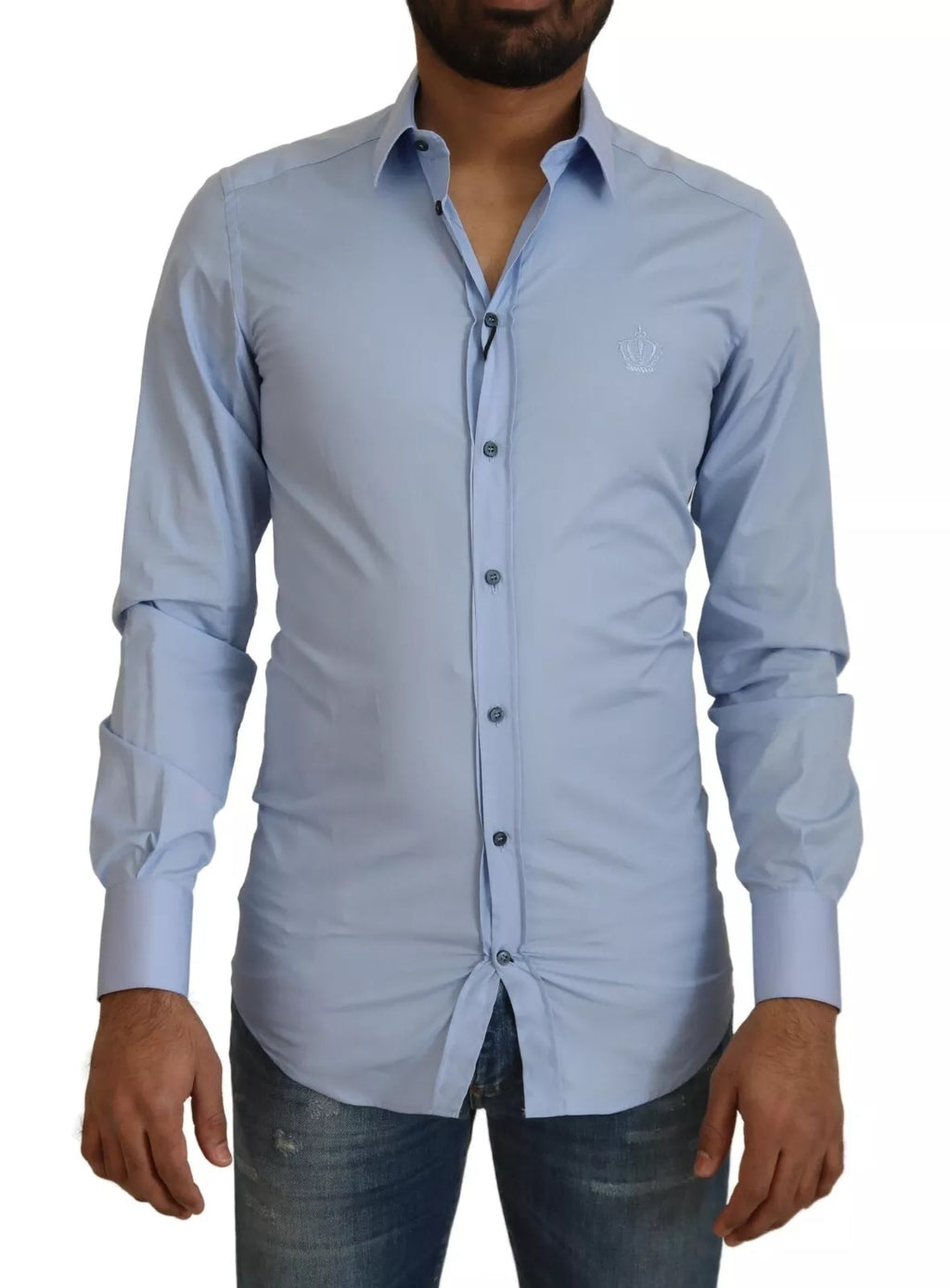Chemise slim en coton Light Blue de Dolce & Gabbana, vêtement élégant pour homme, vue en gros plan.