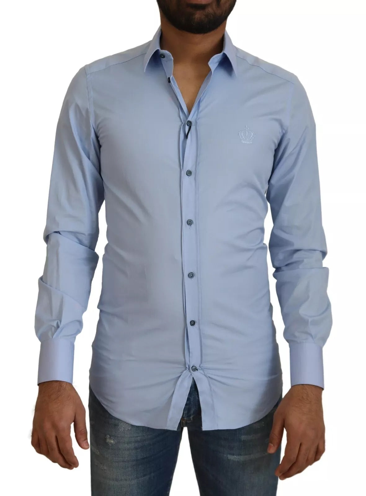 Chemise slim en coton Light Blue de Dolce & Gabbana, vêtement élégant pour homme, vue en gros plan.