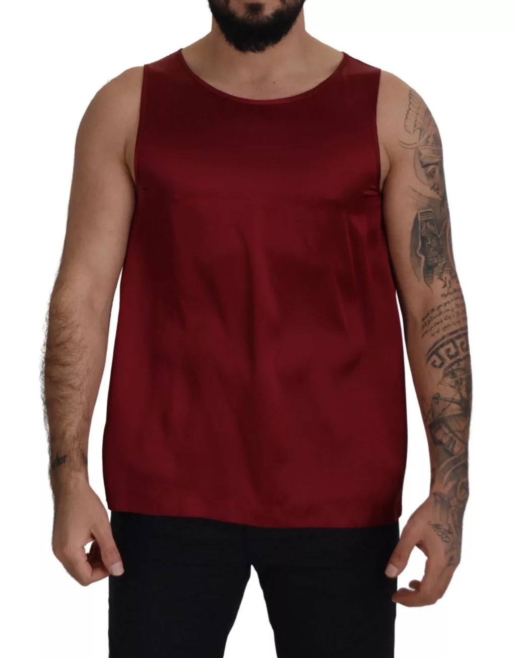 T-shirt en soie rouge sans manches à col rond de Dolce & Gabbana, vue de face, élégante et fluide.