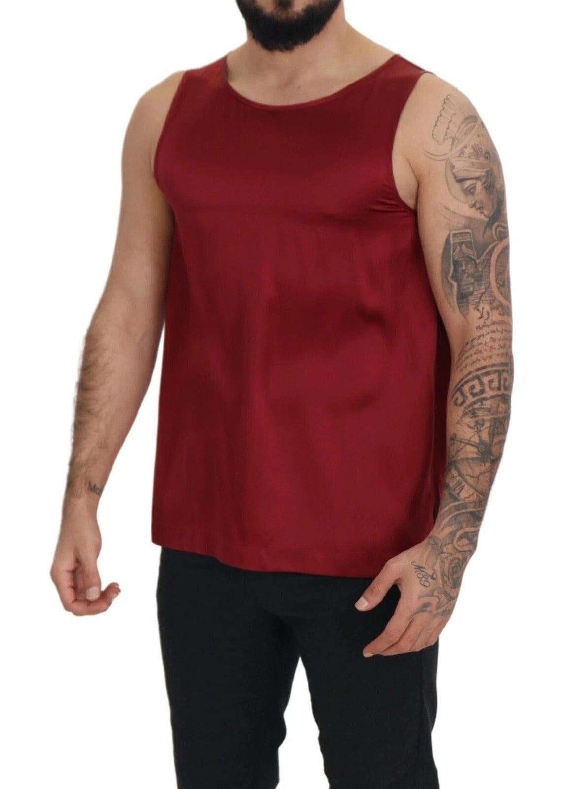 T-shirt sans manches en soie rouge à col rond de Dolce & Gabbana, vue de face.